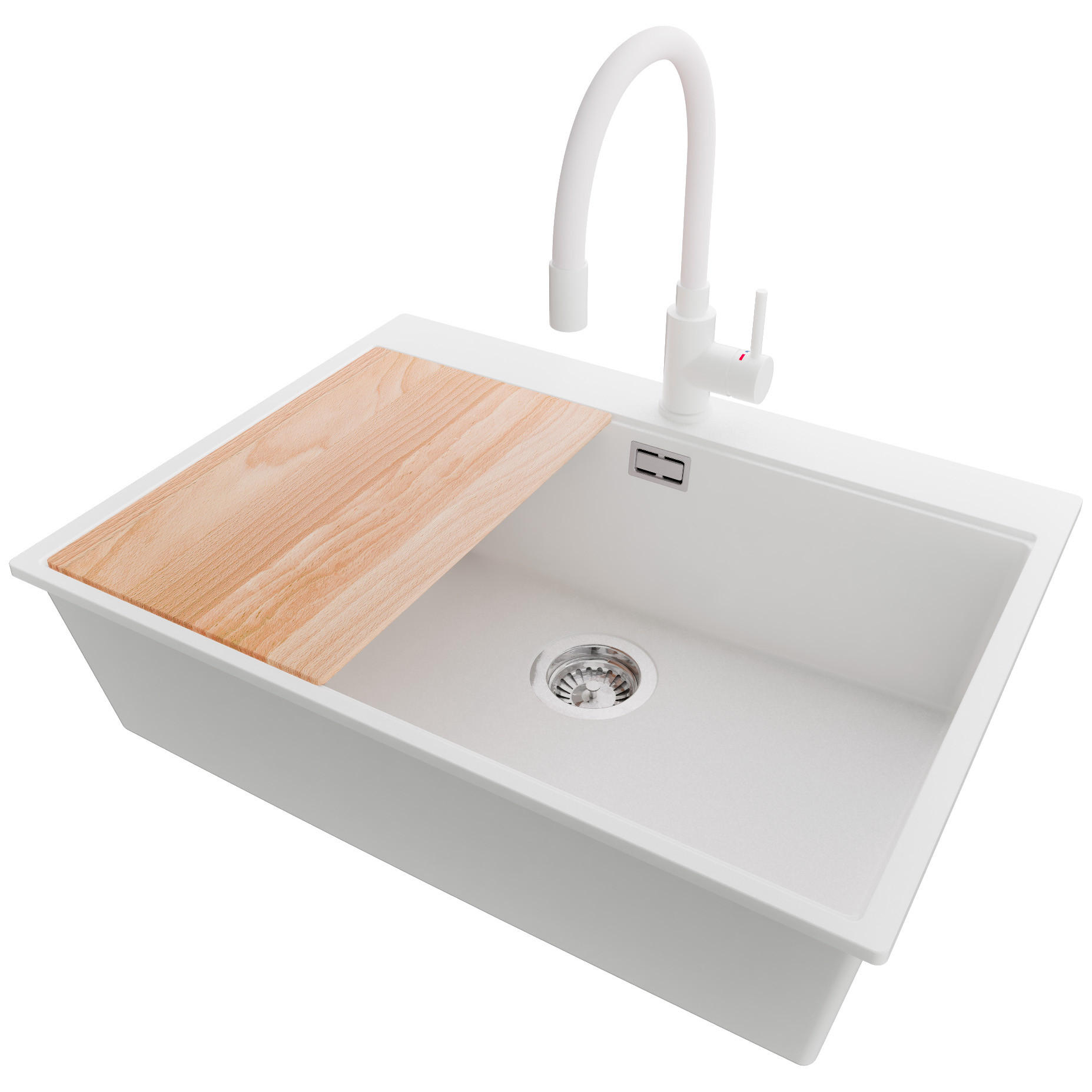 GRANITSPÜLE Oslo, 2-er set Weiß 68/50 cm 1 Becken + Küchenarmatur 38/14 cm + Ablauf-Set + Schneidebrett ab 70er Unterschrank - Chromfarben/Beige, Kunststoff (68/20/50cm) - Primagran