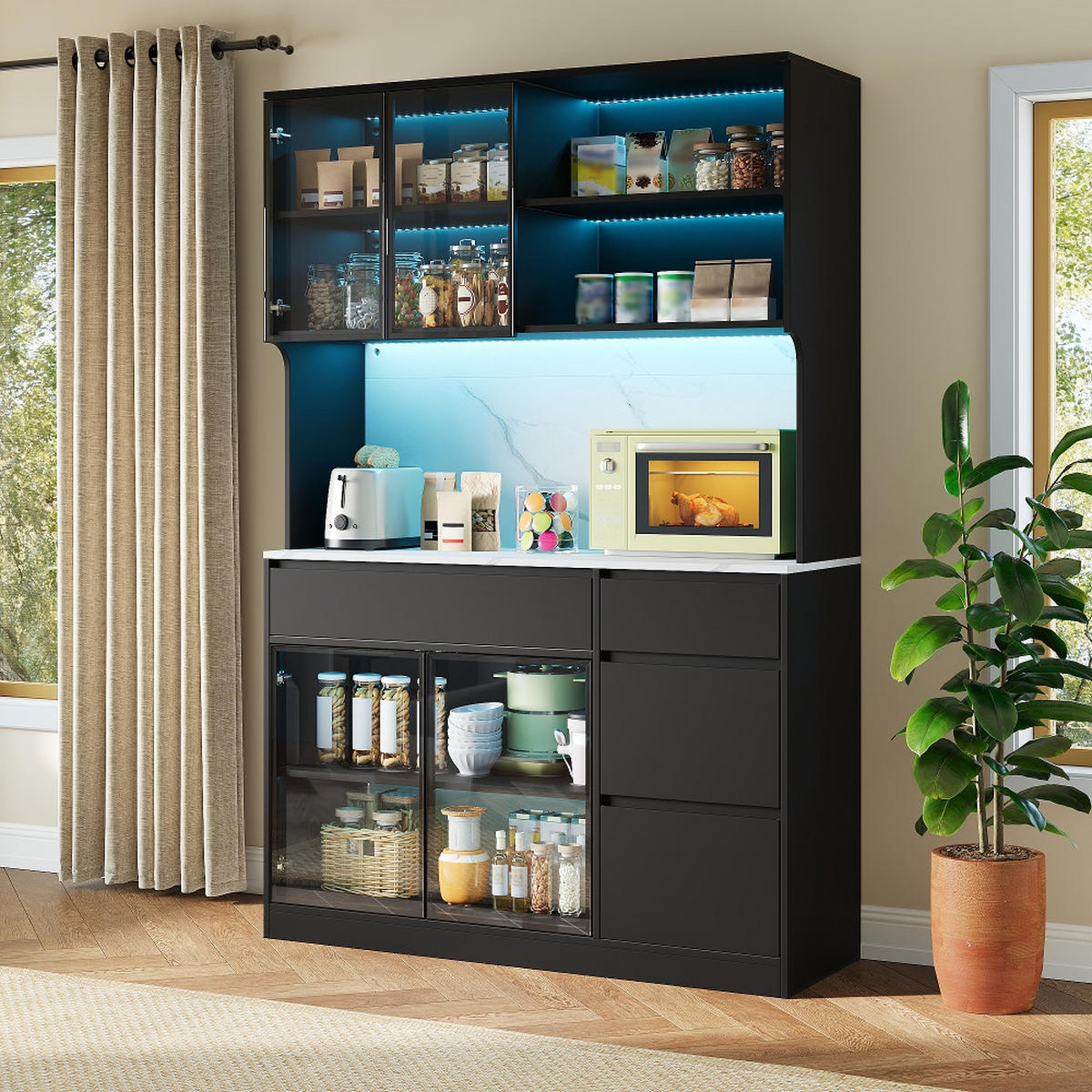 KÜCHENSCHRANK Vitrine Sideboard mit LED-Beleuchtung, Marmoroptik, MDF Schwarz-Weiß, 120/180/40 cm - Schwarz, Kunststoff (40/180/120cm) - Rolipo