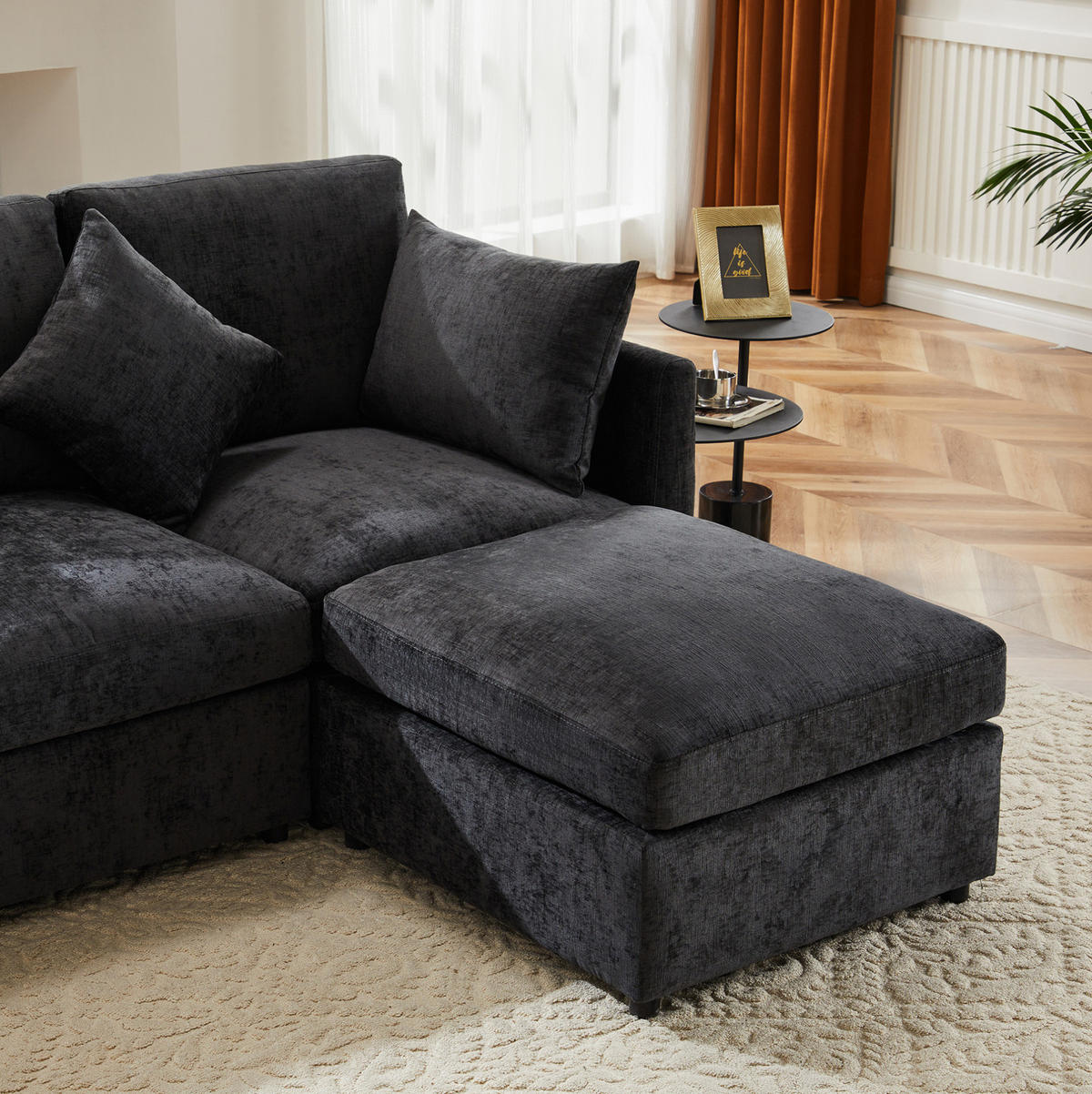 ECKSOFA 216/161/81 cm grau aus Chenille modular mit Hocker - Grau, Textil (161/216cm) - OKWISH