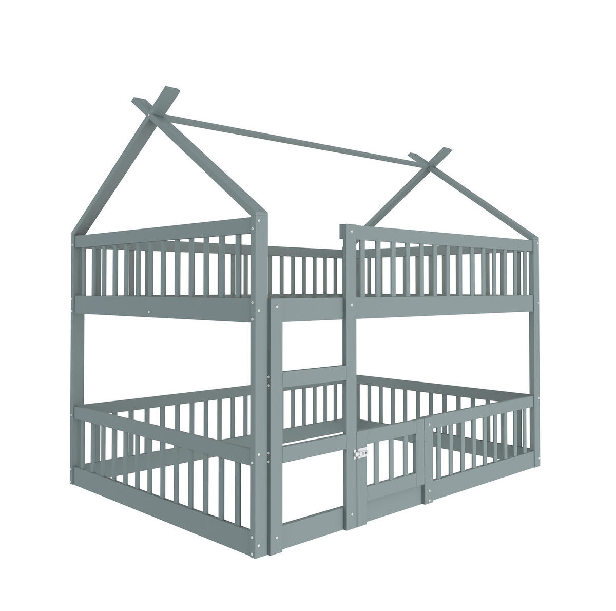 ETAGENBETT 140/200 cm Grau Massivholz mit Treppe und Hochsicherheitzaund - Grau, Holz (140/200cm) - OKWISH