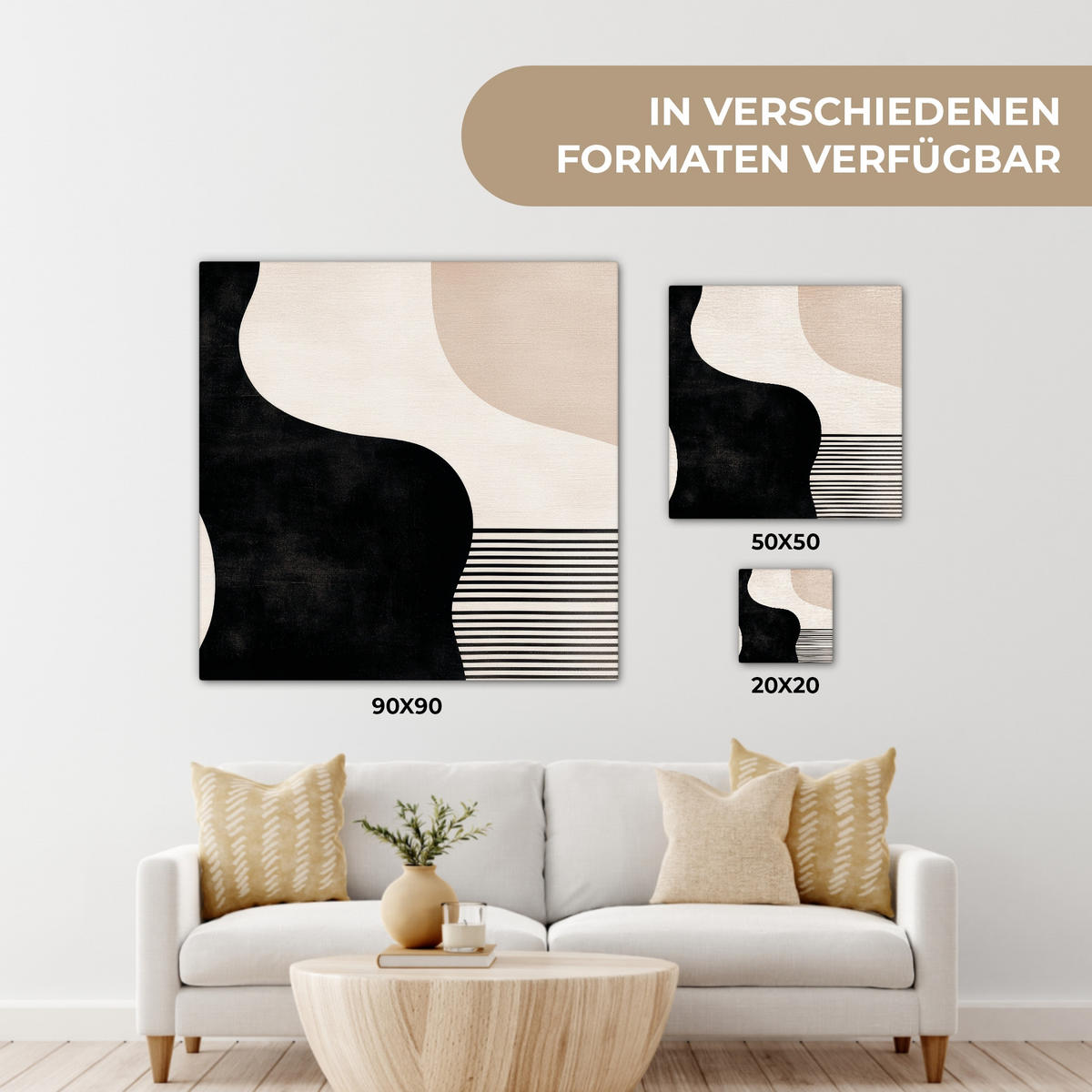 LEINWANDBILD Abstrakt - Japandi - Beige - Modern 90x90 cm - Schwarz, Textil (90/90cm) - MuchoWow