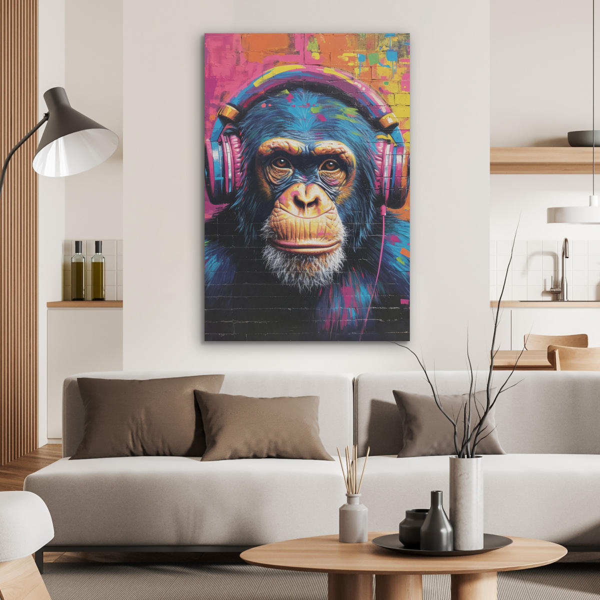 AKUSTIKBILD Graffiti - Schimpanse - Straßenkunst - Kopfhörer - Affe Wanddeko 60x90 cm - Blau, Kunststoff (60/90/0.9cm) - MuchoWow