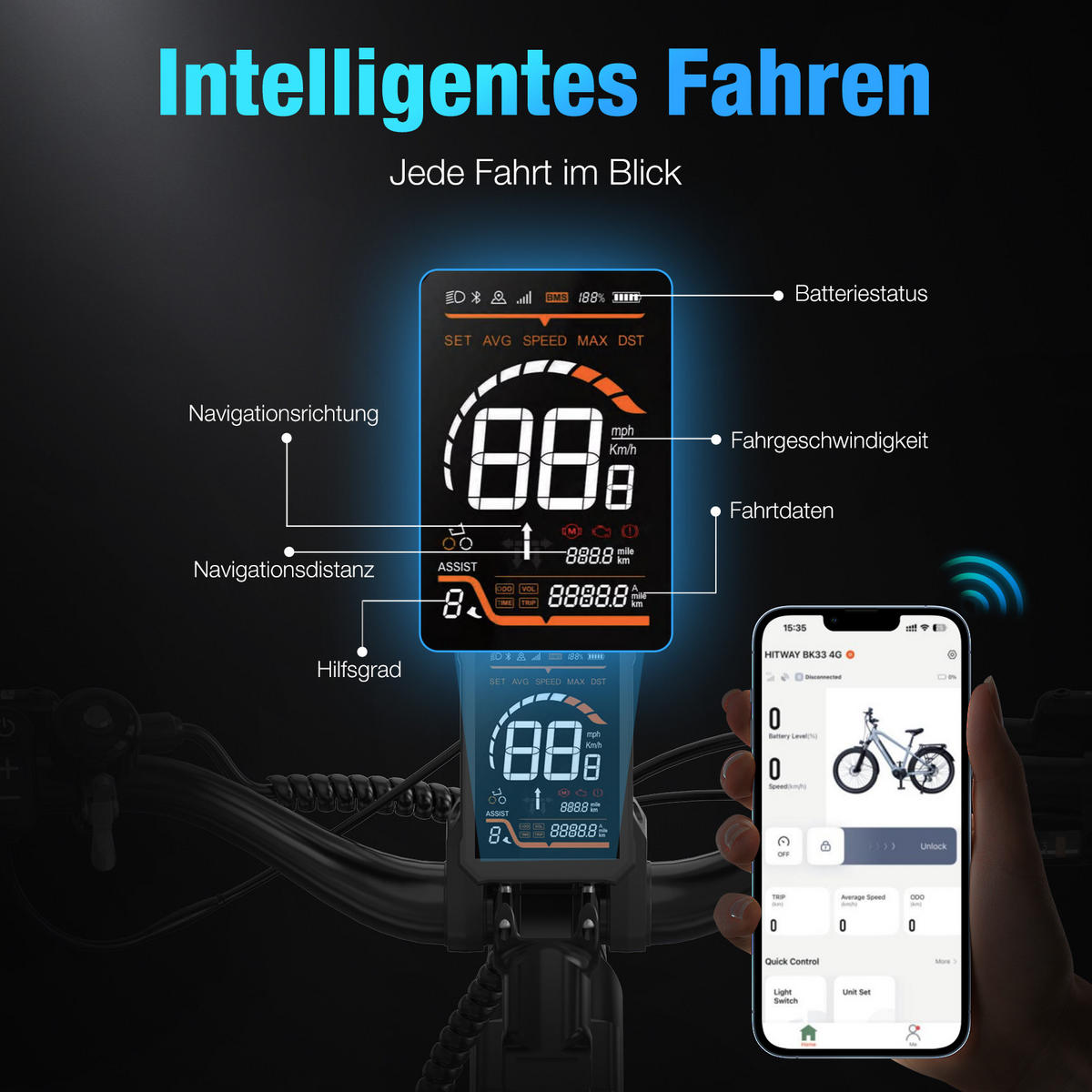 E-BIKE BK33 ,Mittelmotor ,App-Steuerung ,Reichweite bis zu 120 km - Grau, Metall (84cm) - HITWAY