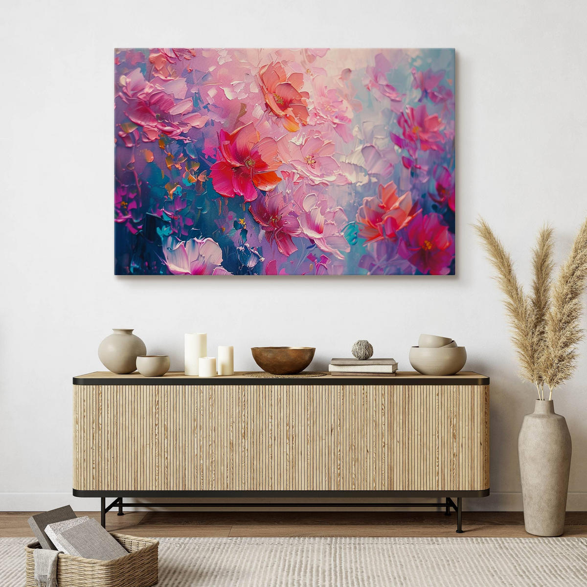 LEINWANDBILD Abstraktion Blumen Malarei 90x60 cm - Blau/Rot, Textil (90/60cm) - Muralo