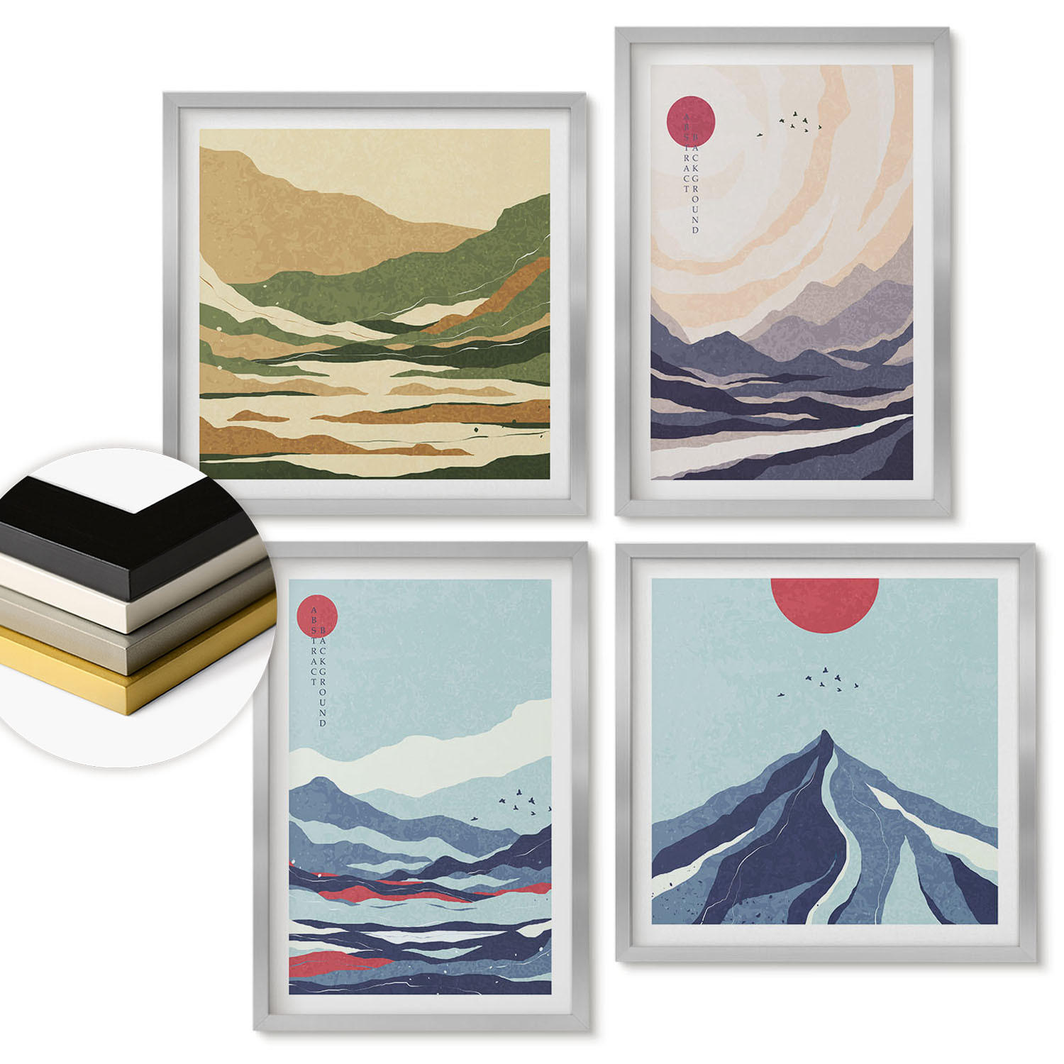 WANDBILDER 4er Set - 50x50 cm & 40x60 cm Silberner Rahmen - Abstrakte Berglandschaften - Silberfarben, Kunststoff (50/50cm) - ArtPrintCave