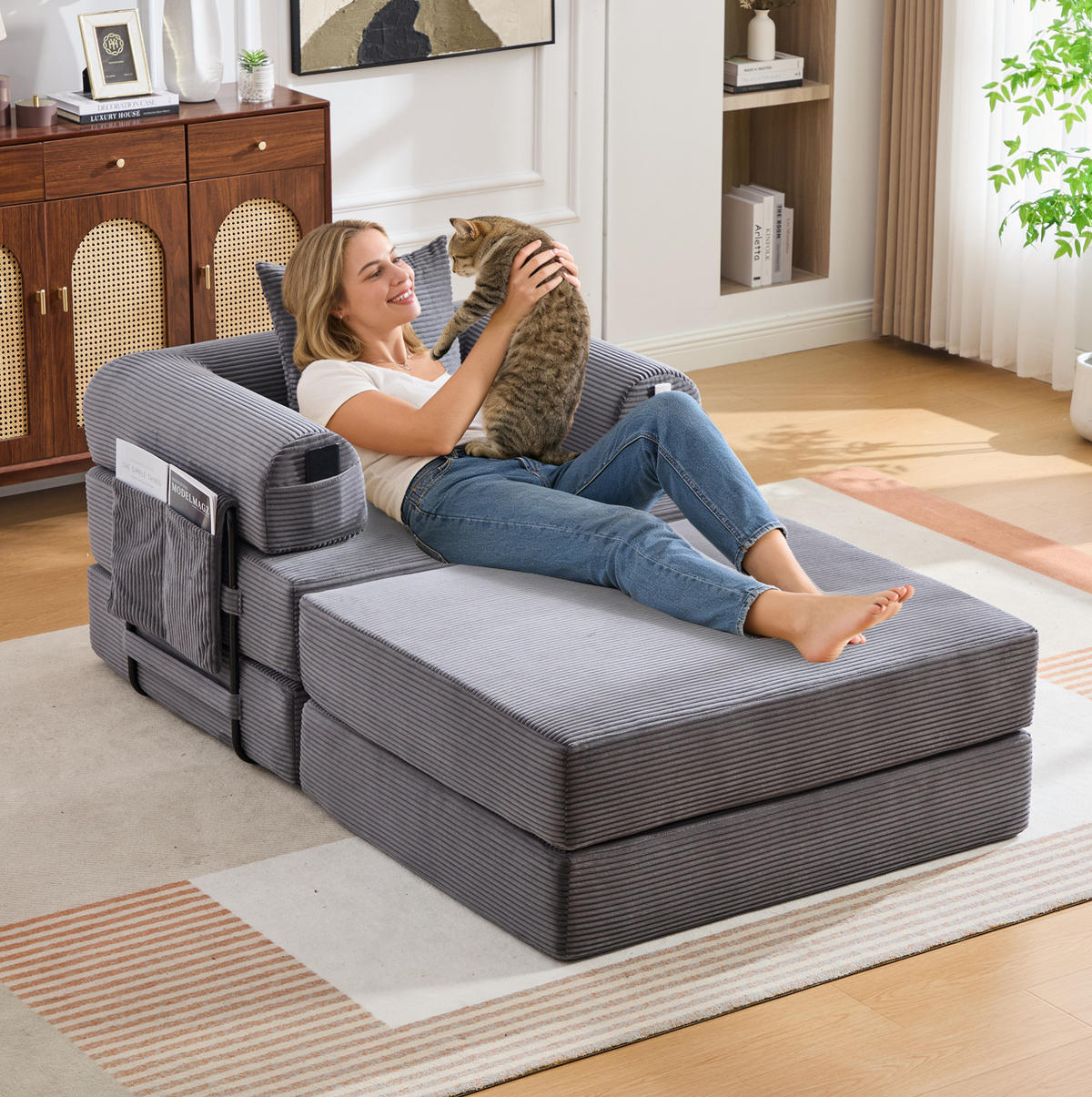 SOFA modular mit Hocker 112 x 190 x 67 cm Corduroy Dark Gray - Dunkelgrau, Kunststoff (190/67/112cm) - Meubliv