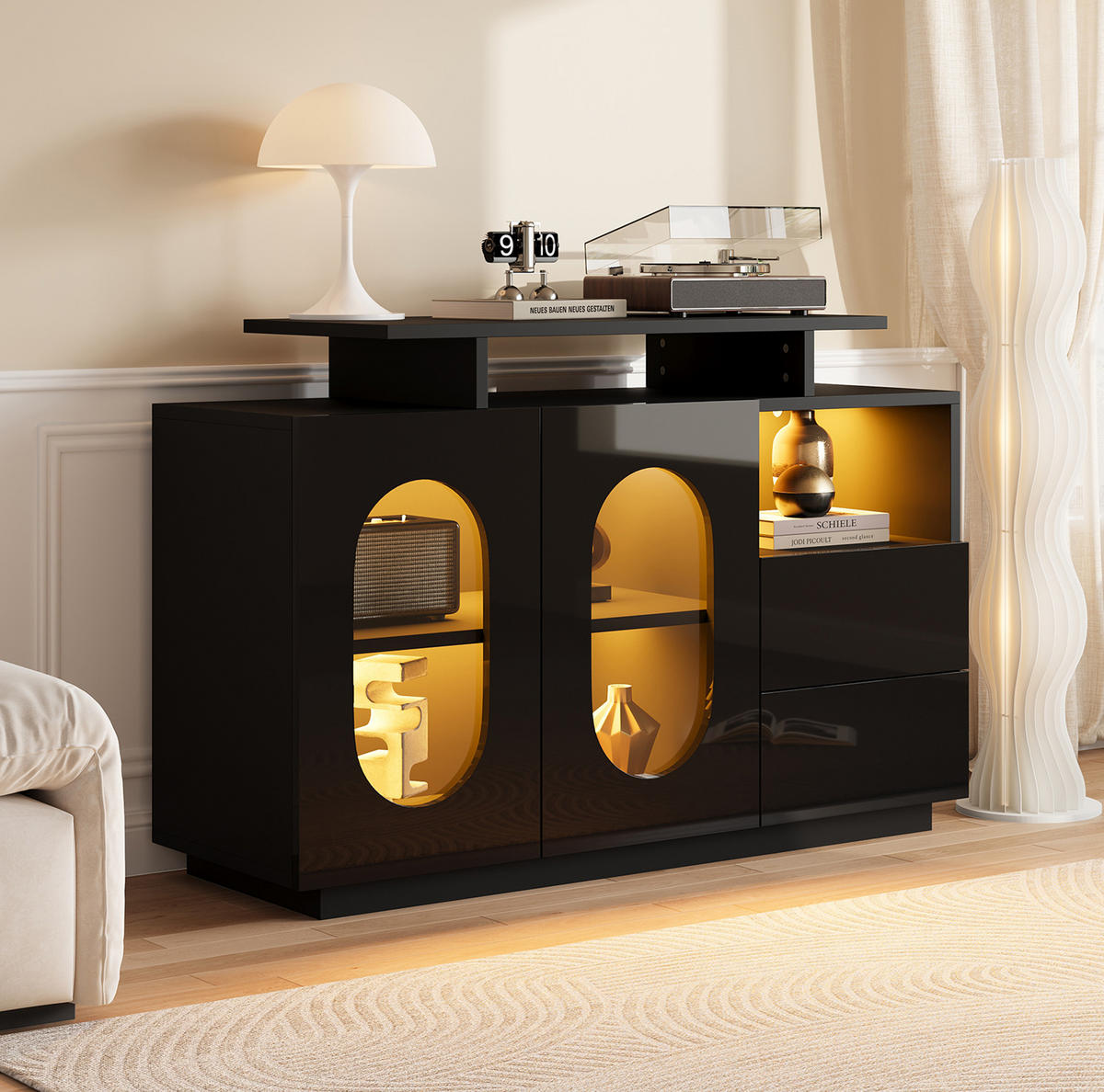 SIDEBOARD 120/40/80 cm mit LED-Beleuchtung, Glastüren und verstellbaren Einlegeböden, Schwarz - Schwarz, Holzwerkstoff (120/80/40cm) - Redom