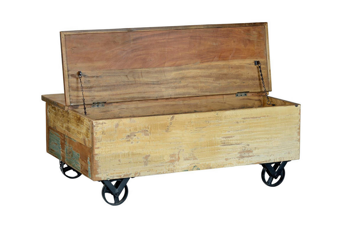 COUCHTISCH aus recyceltem Holz und Eisenrädern - Chromfarben, Holz (110/70/42cm) - Giner y Colomer