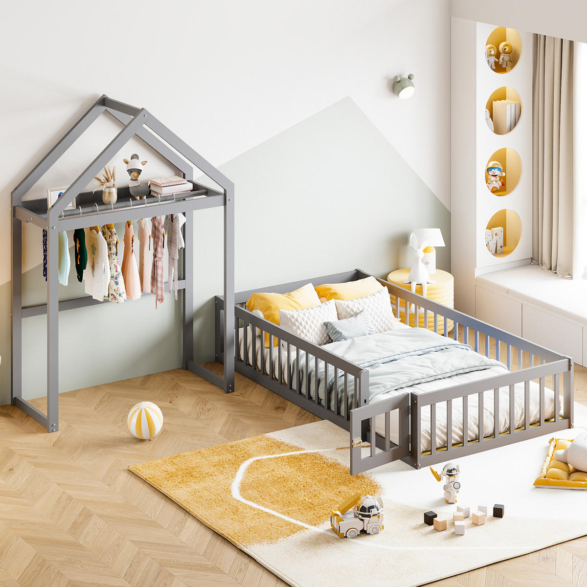 HAUSBETT 90/200 cm grau mit Stauraum und Vollschutzgitter - Grau, Holz (90/200cm) - OKWISH