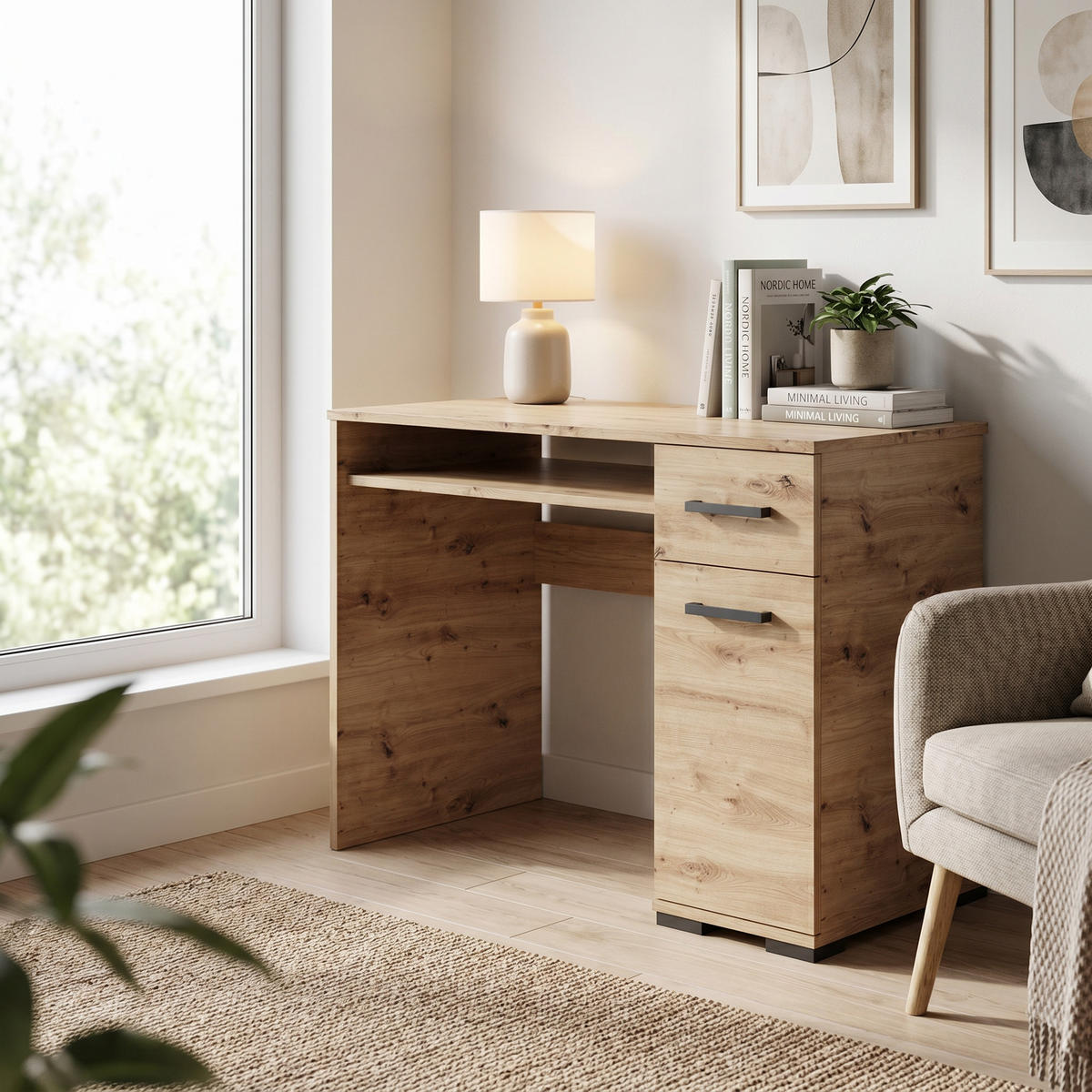 SCHREIBTISCH ALBANO 90x56x75 cm Bürotisch Computertisch, Eiche Artisan - Eiche Artisan, Holzwerkstoff (56/90/75cm) - MASSENO
