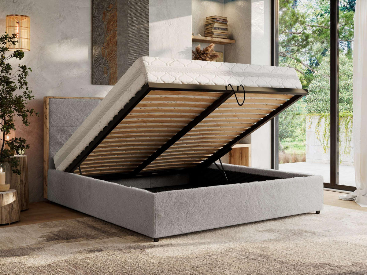 POLSTERBETT LERIO CLASSIC 180/200 - Hellgrau Plüsch - Pocket-Matratze - Hellgrau, Textil (180/200cm) - MKS