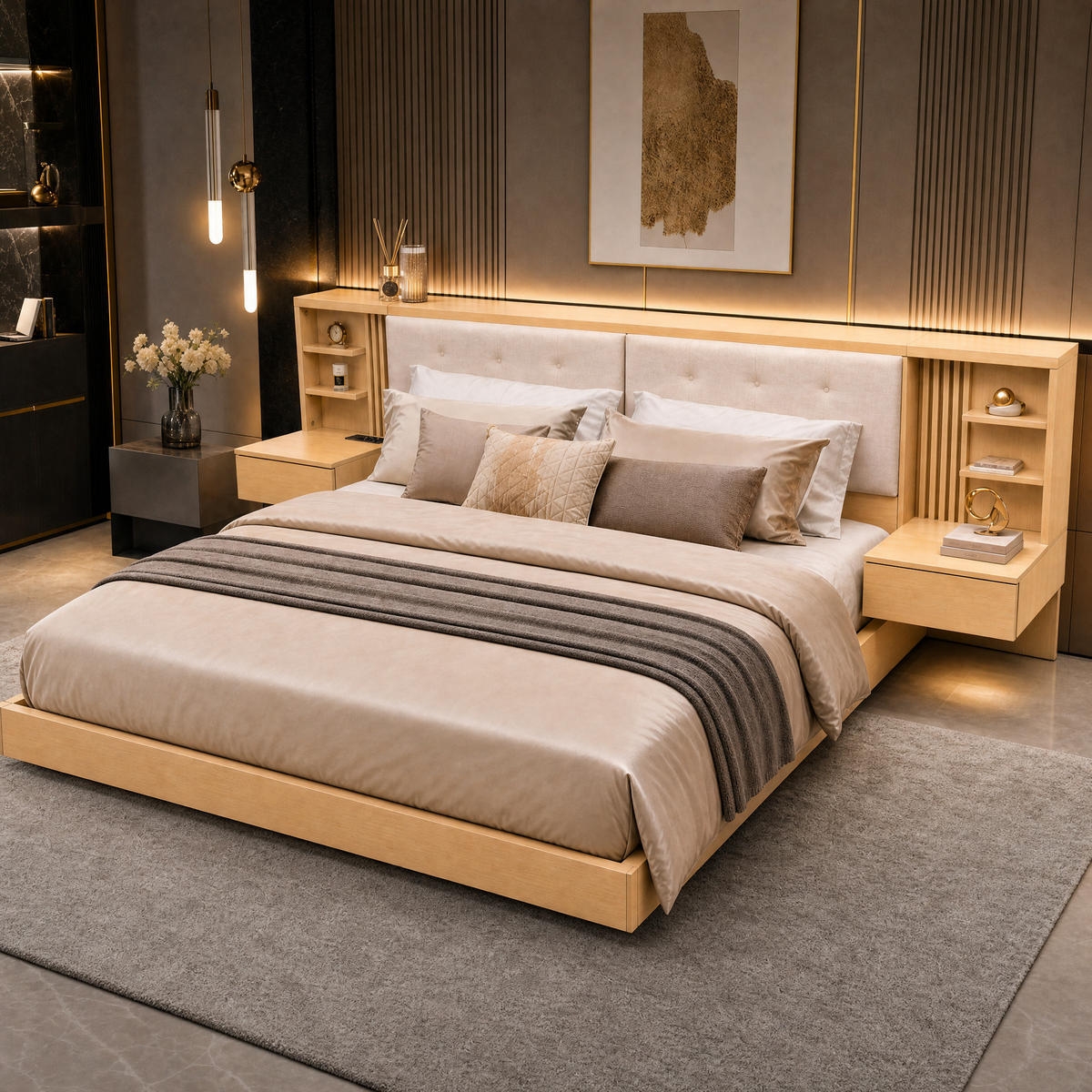 BETT 180/200 cm in Natur mit Stauraum, USB und Steckdose - Naturfarben, Holz/Holzwerkstoff (180/200cm) - WISHDOR