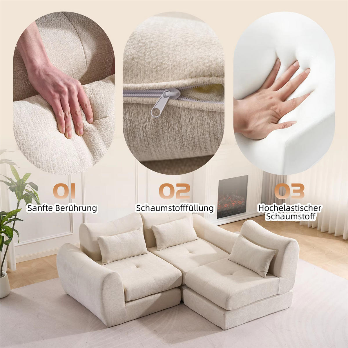 SCHLAFSOFA 3-Sitzer Chenille, Komfort Kompressionssofa ohne Aufbau, Beige - Beige, Textil (262/78/97cm) - Kaket
