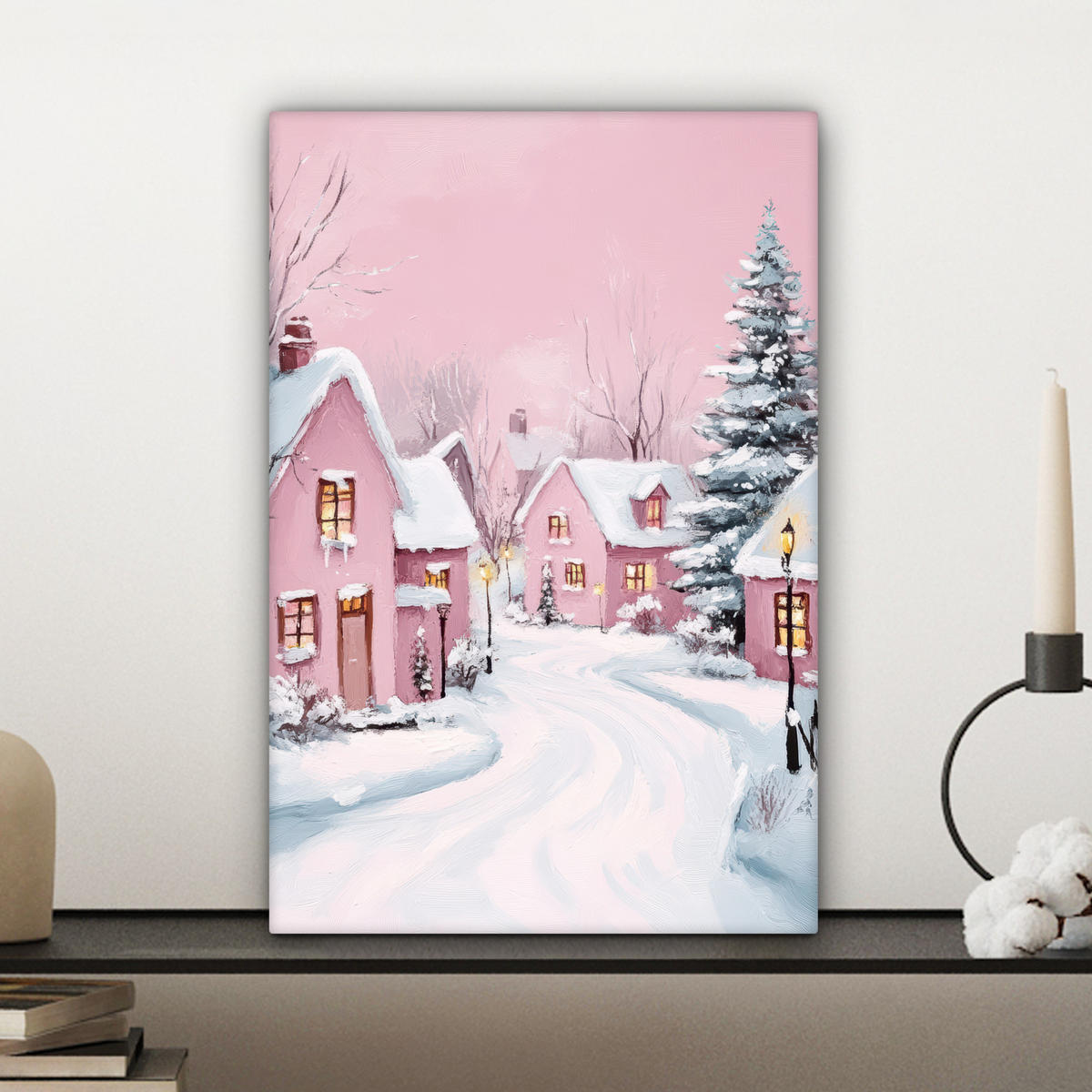 LEINWANDBILD Weihnachtsdorf - Rosa - Winter - Schnee - Häuser Deko Wohnzimmer 20x30 cm - Altrosa, Textil (20/30cm) - MuchoWow