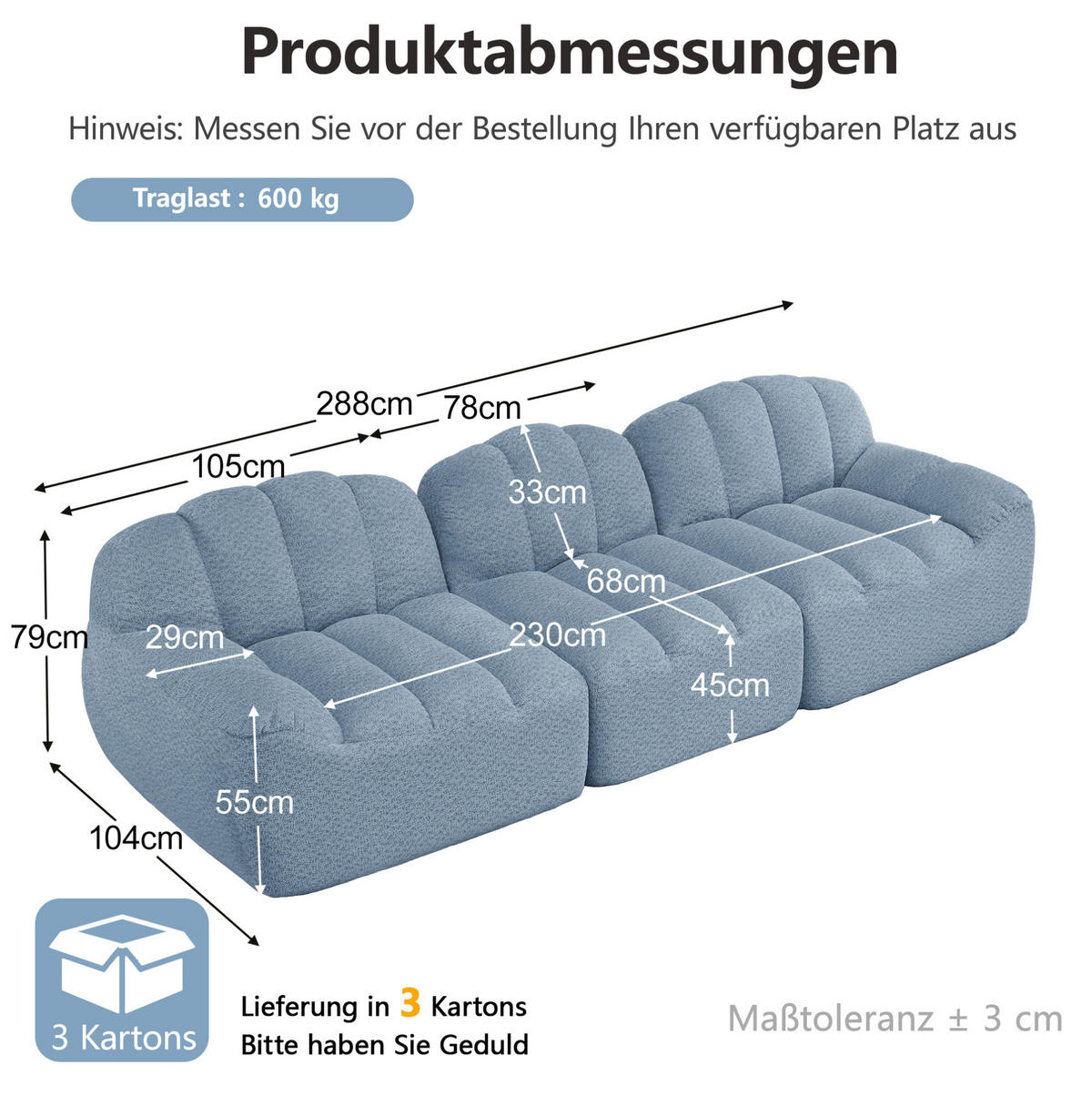 ECKSOFA mit modularer Bauweise aus granuliertem Fleece in Blau 288x104x79 cm, mit breiter Sitzfläche - Blau, Textil (104/288cm) - IVMEU