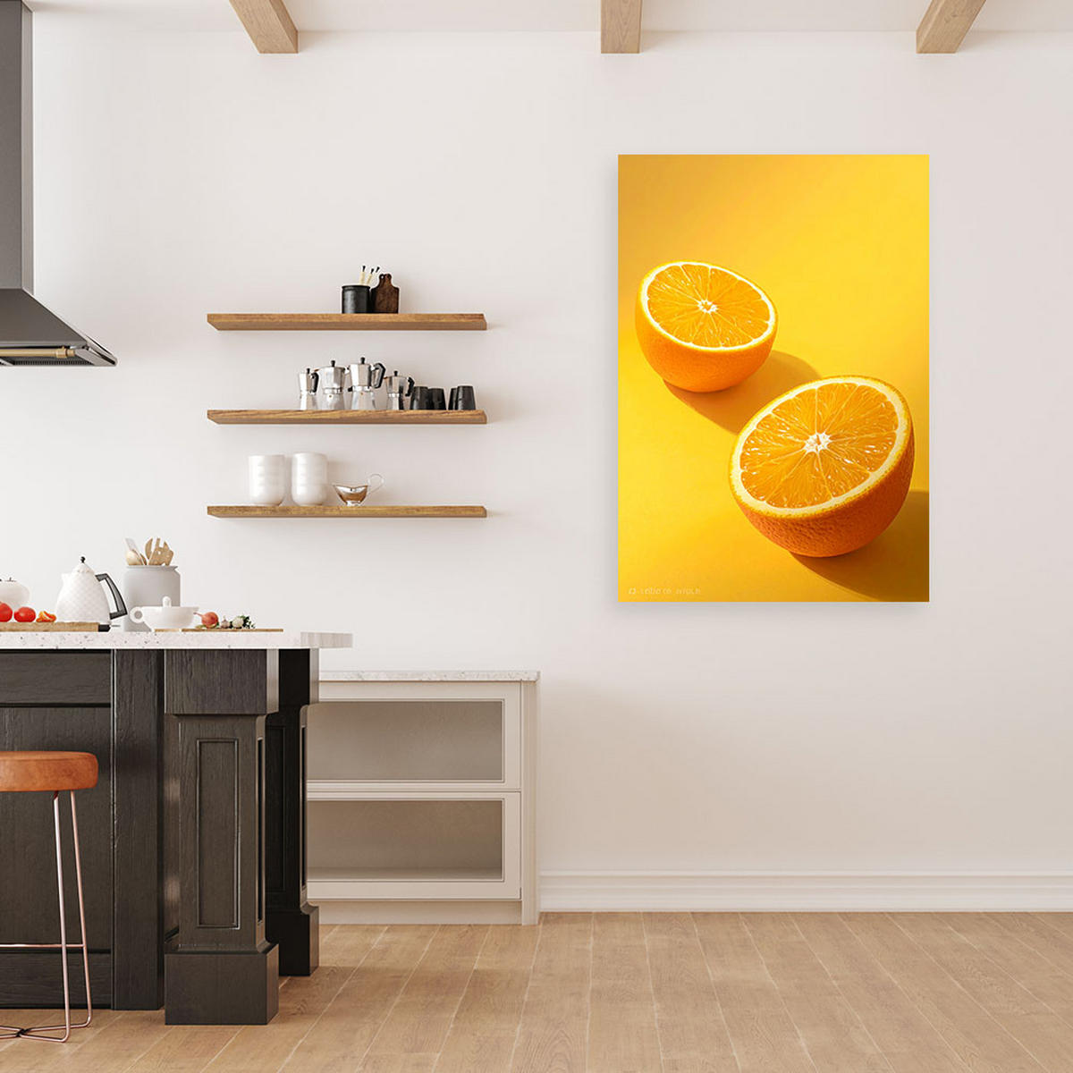 LEINWANDBILD, Zwei Orangenhälften auf leuchtend gelbem Hintergrund - Orange, Textil (60/90cm) - Feeby
