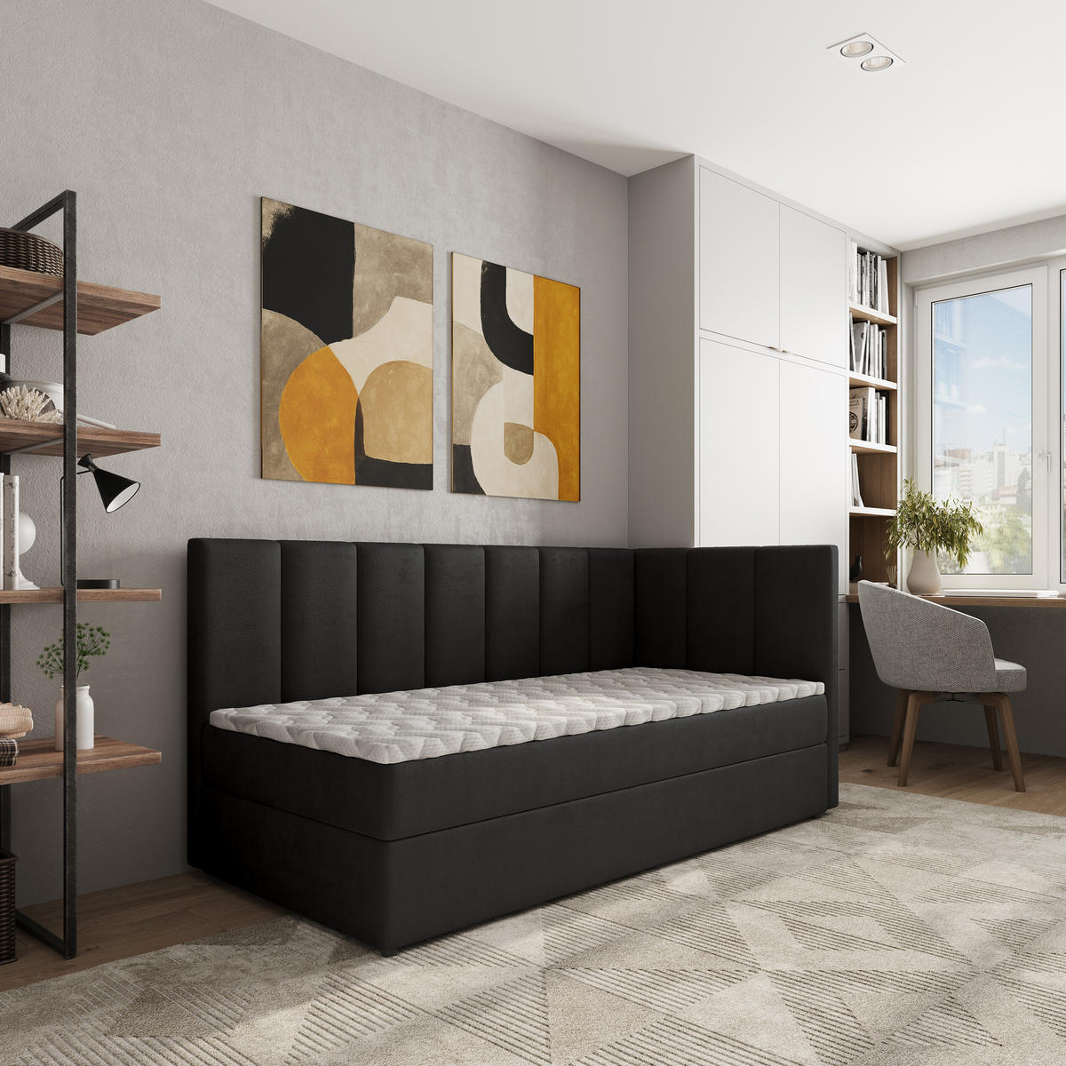 BOXBETT BEVE 80x200 cm mit Matratze und Topper, H2+H3 - Schwarz - Schwarz, Holz (80/200cm) - MASSENO