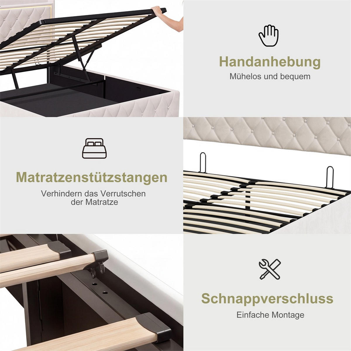 POLSTERBETT 160x200cm mit hydraulischem Stauraum - LED Beleuchtung & Ladefunktion - ohne Matratze - Beige - Beige, Textil (160/200cm) - DELFA