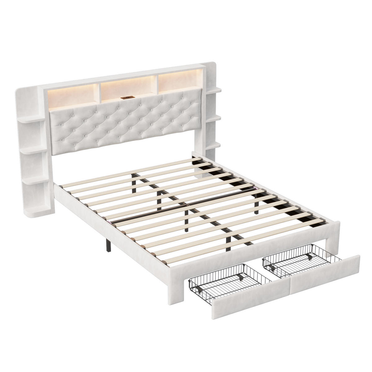 POLSTERBETT 160x200 Cm Velours Mit LED, USB & 2 Schubladen Weiß - Weiß, Holz (160/200cm)