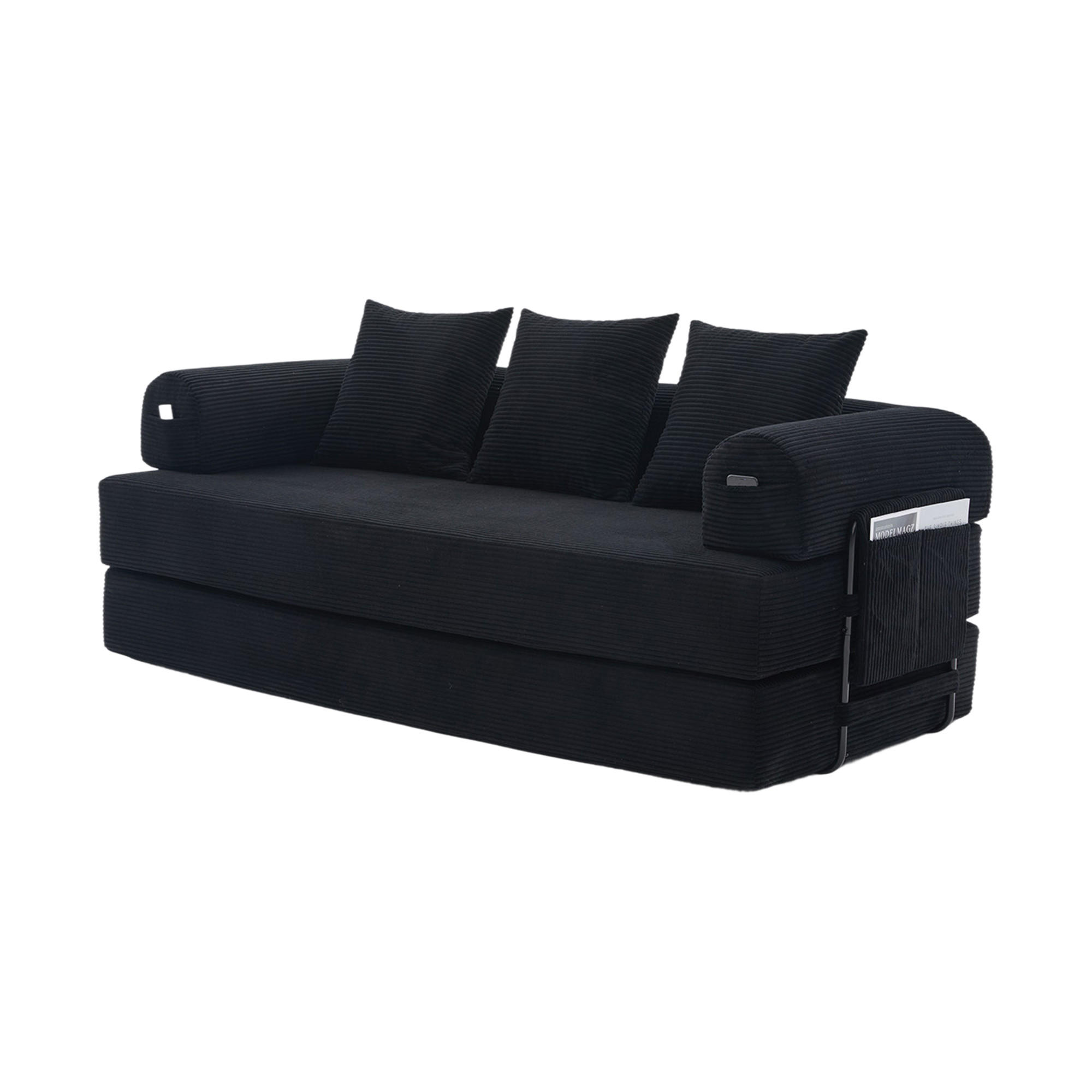 SCHLAFSOFA 3-Sitzer Corduroy Schwarz modular mit Seitentaschen und 3 Kissen, kompressionsverpackt - Schwarz, Textil (94/7/200cm) - Luhomfu
