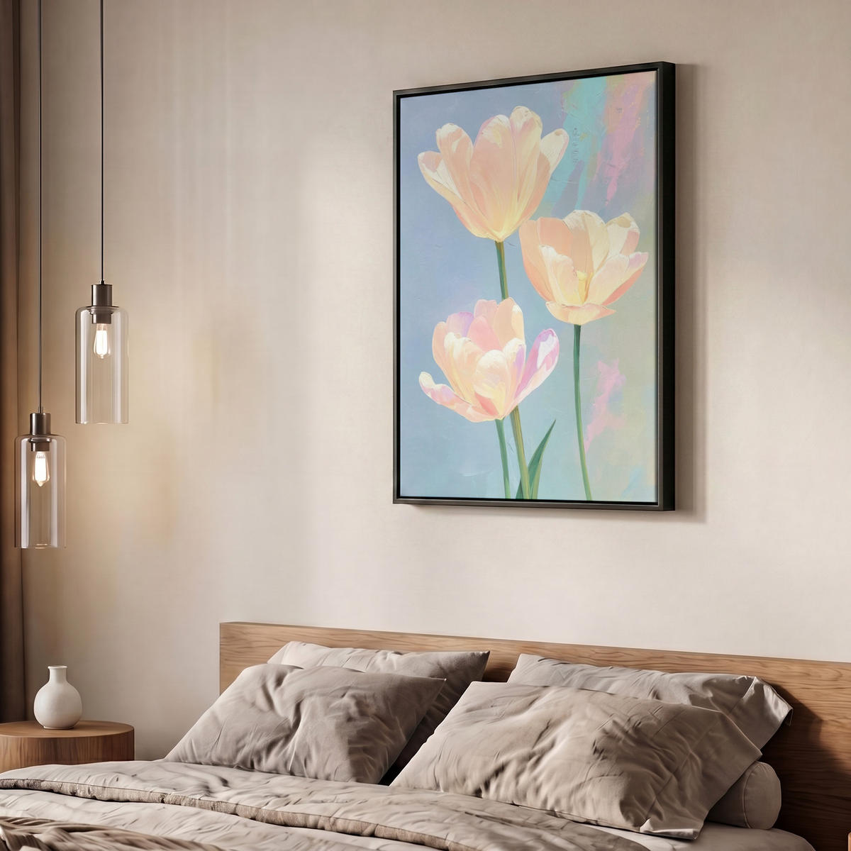 LEINWAND Bilder mit Rahmen - Tulpen - Rosa Akzente - Blau - 60x80 - Pastellblau, Textil (60/80cm) - MuchoWow