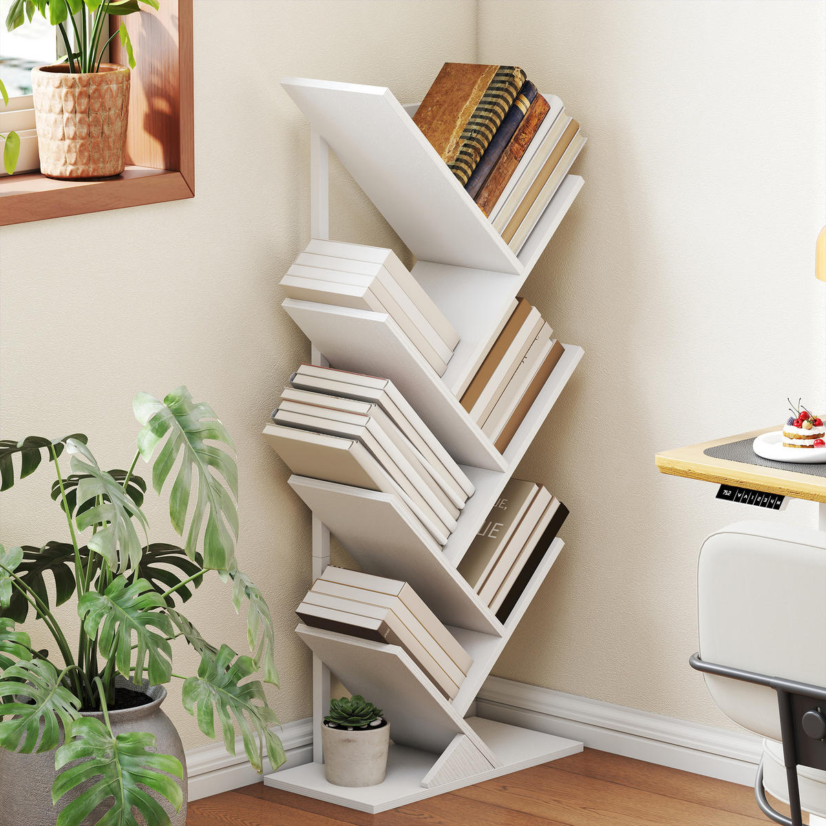 BÜCHERREGAL Standregal mit 7 Ebenen Schmal Regal im Baumform Weiß - Weiß, Holzwerkstoff/Metall (24/109/50cm) - HOMCOM