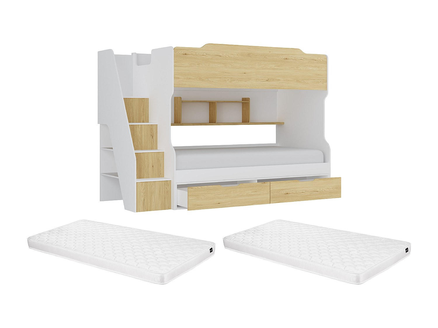 ETAGENBETT - 2 Personen - Holz, Platte - Naturfarben Hell, Weiß - - Naturfarben/Weiß, Holz (90/190cm) - Vente-Unique