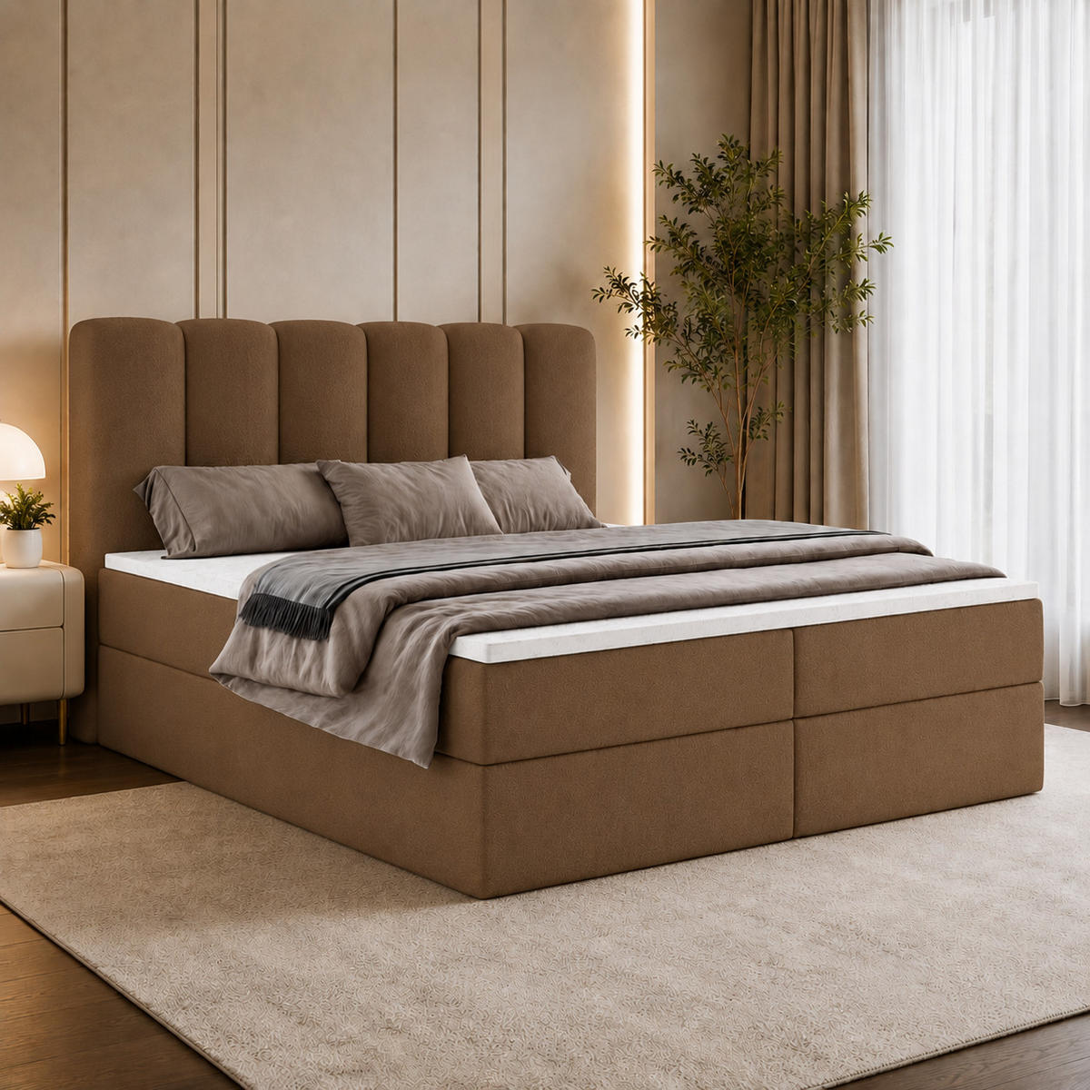 BOXBET NOLARO 160x200 cm Komplett-Set mit Bettkasten, Bonell-Matratze und Topper, Bouclé Braun - Braun, Textil (160/200cm) - Luxkor24