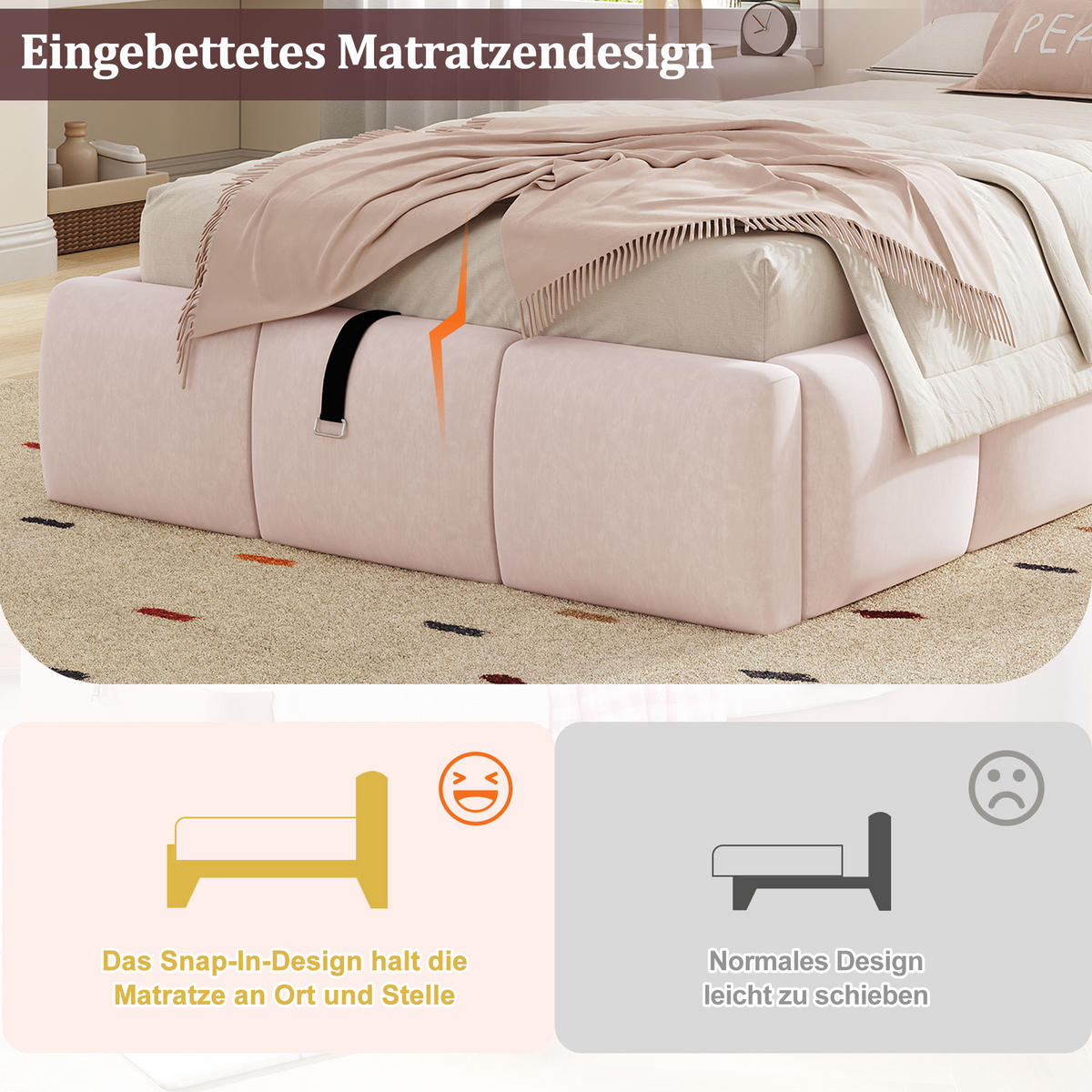 KINDERBETT 90/200 cm in Rosa Samt mit Bettkasten und USB - Rosa, Holzwerkstoff/Textil (90/200cm) - WISHDOR