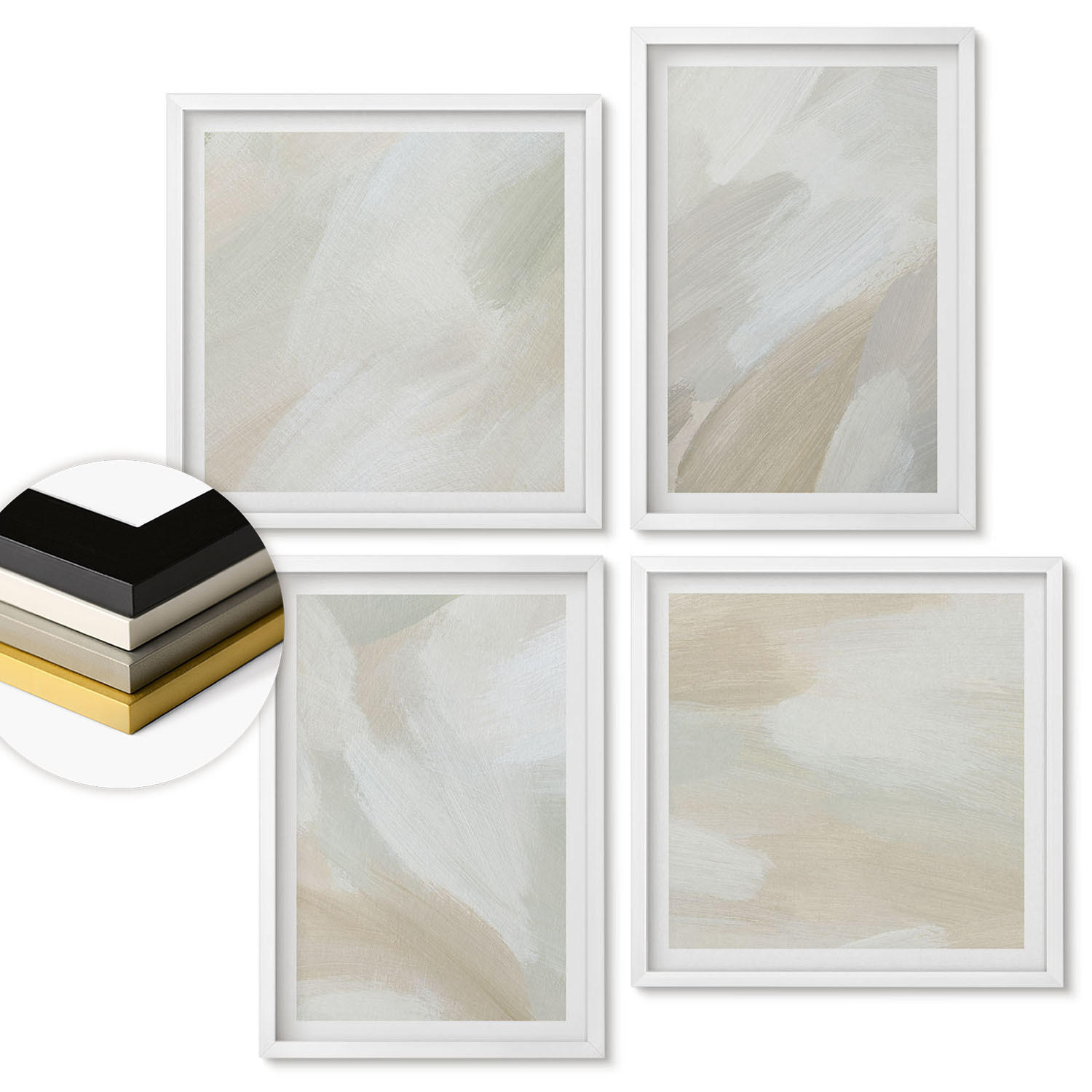 WANDBILDER 4er-Set - 50x50 cm & 40x60 cm Weißer Rahmen - Abstrakte Pinselmalerei auf Leinwand - Weiß, Kunststoff (50/50cm) - ArtPrintCave