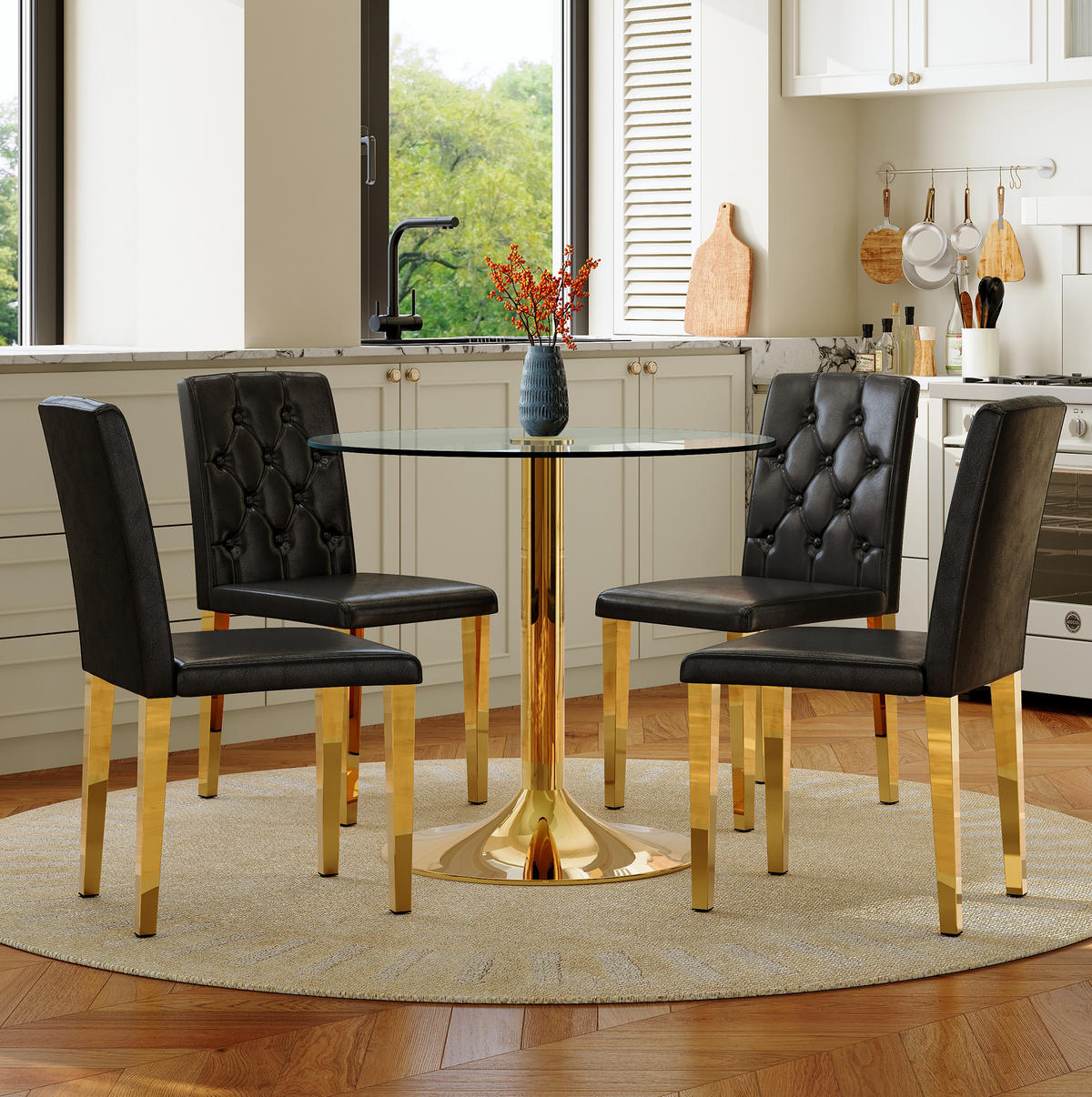 ESSGRUPPE aus Glastisch und 4 Stühlen 85 cm Schwarz/Gold - Multicolor, Metall (85/76/85cm) - Meubliv