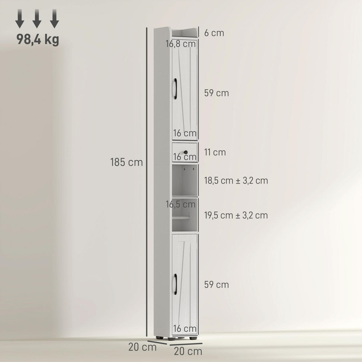 HOCHSCHRANK DE-12451 mit toilettenpapierhalter 20/20/185 cm Weiß - Weiß, Holzwerkstoff (20/185/20cm) - ComfortXL