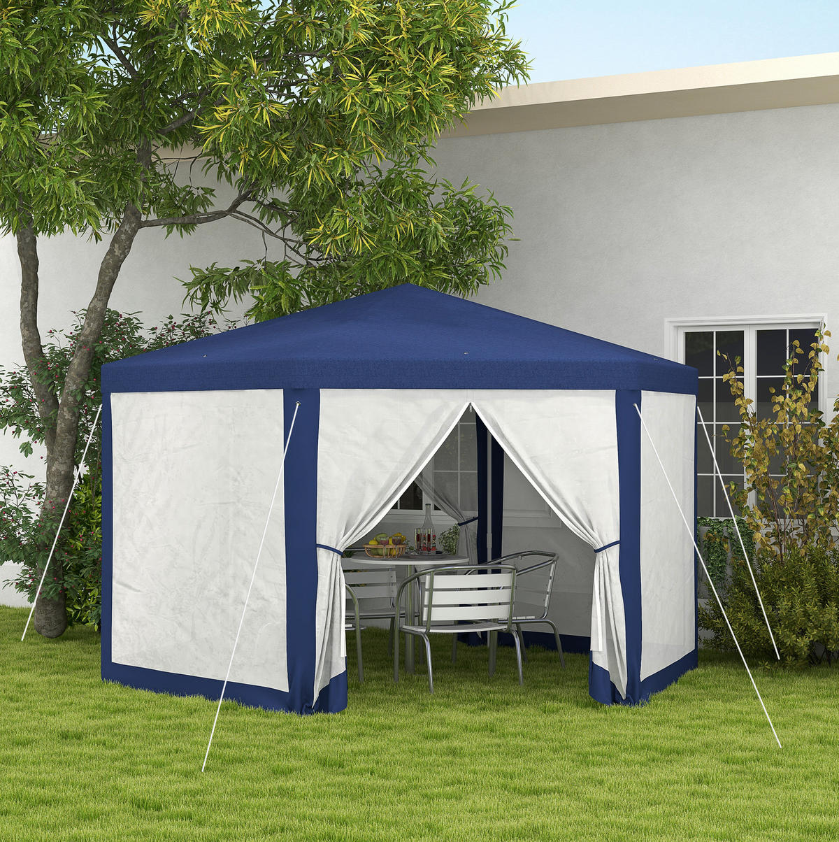 GARTENPAVILLON 394/341,2/250 cm mit wasserabweisendem Polyesterdach und Netzvorhängen, Blau - Blau, Textil (341.2/250/394cm) - Redom