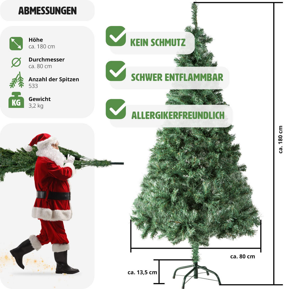 WEIHNACHTSBAUM ,inklusive Metallständer mit Kunststoffkappen,grün - Grün, Kunststoff (180cm) - tectake