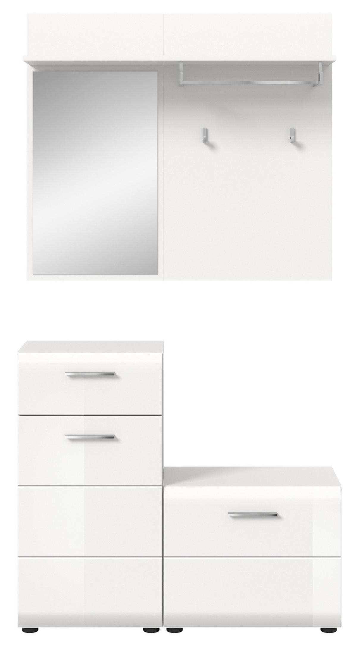 GARDEROBE Set 3-teilig weiß Hochglanz 98 cm, Flurgarderobe komplett-Set, Breite 98 cm - Weiß Hochglanz/Silberfarben, Holzwerkstoff/Kunststoff (98/190/191cm) - Inn.Furn