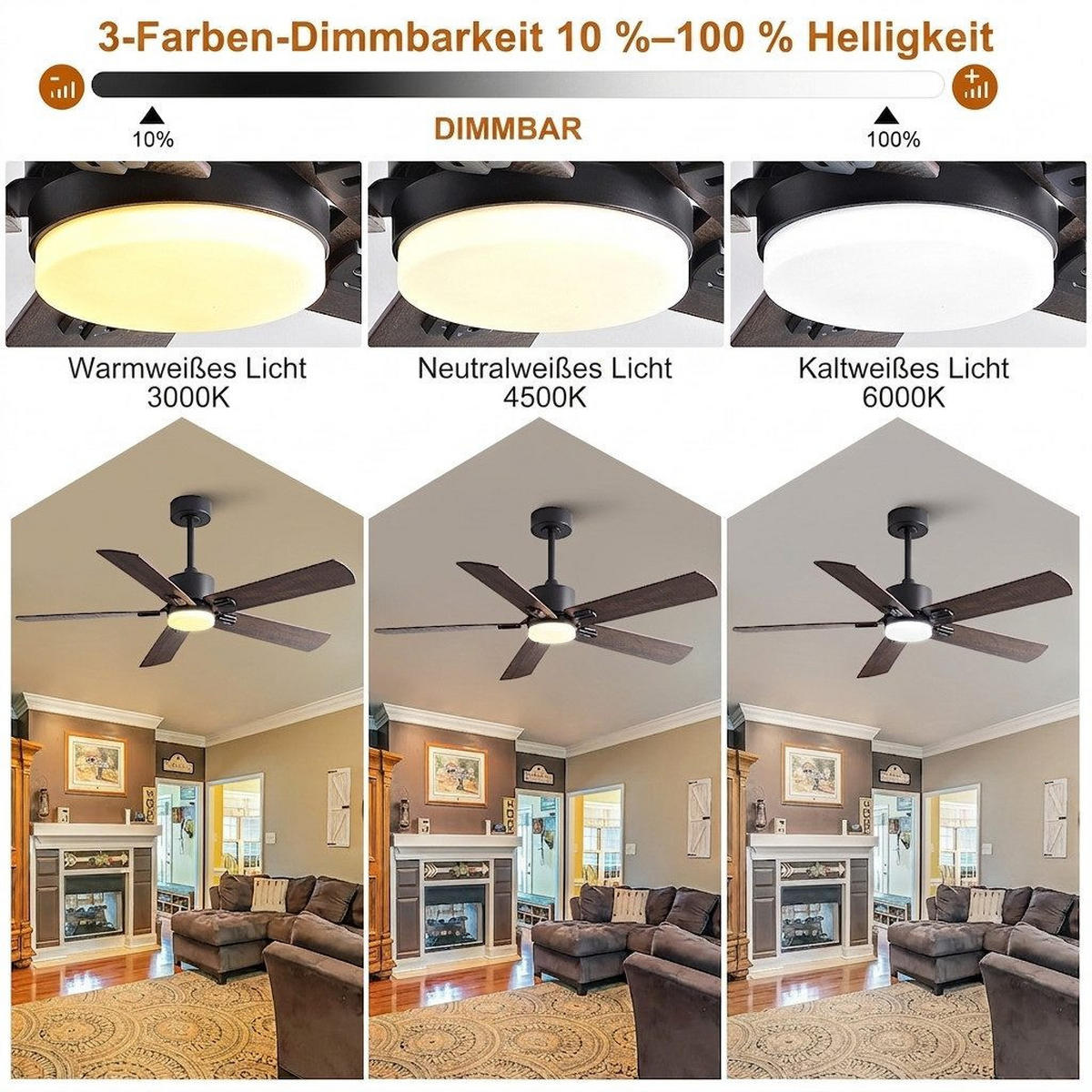 DECKENVENTILATOR mit LED-Licht 3 Farben und Fernbedienung DC-Motor - Braun, Metall (107/107/46cm) - BEXEVUE