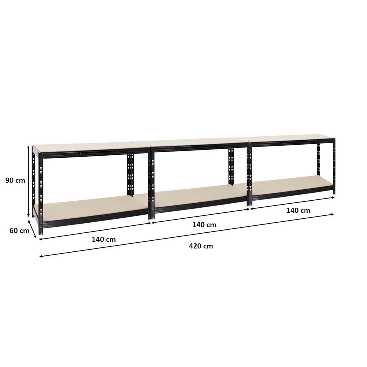 WERKBANK Tiger 3er-Set mit 3x 300 kg pro Fachboden 90x140x60 cm Schwarz - Schwarz, Metall (420/90/60cm) - PROREGAL