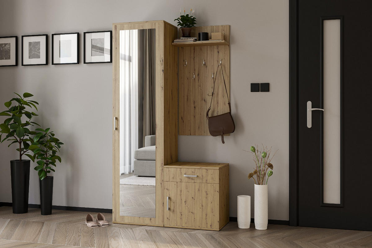 GARDEROBE Patricia 100 cm mit Spiegel, mit Schuhschrank und Schublade, artisan - Eiche Artisan, Kunststoff (100/181/35cm) - Margaret Hadas24