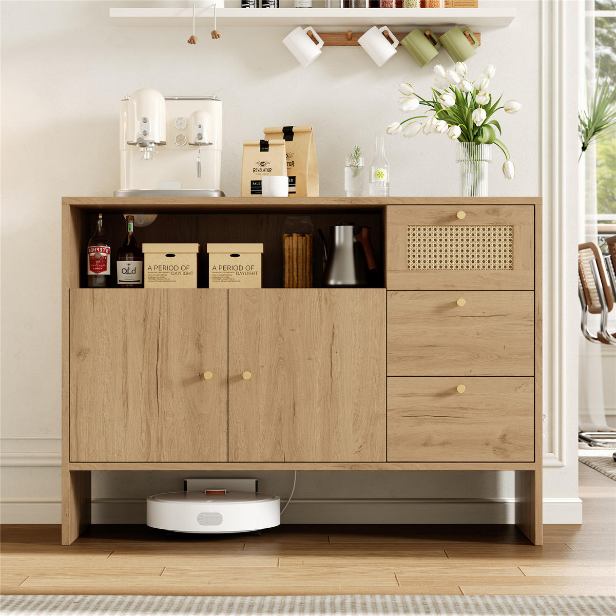 SIDEBOARD 105/76/40 cm mit 2 Türen und 3 Schubladen Rattan - Naturfarben, Holz (105/76/40cm) - Kaket