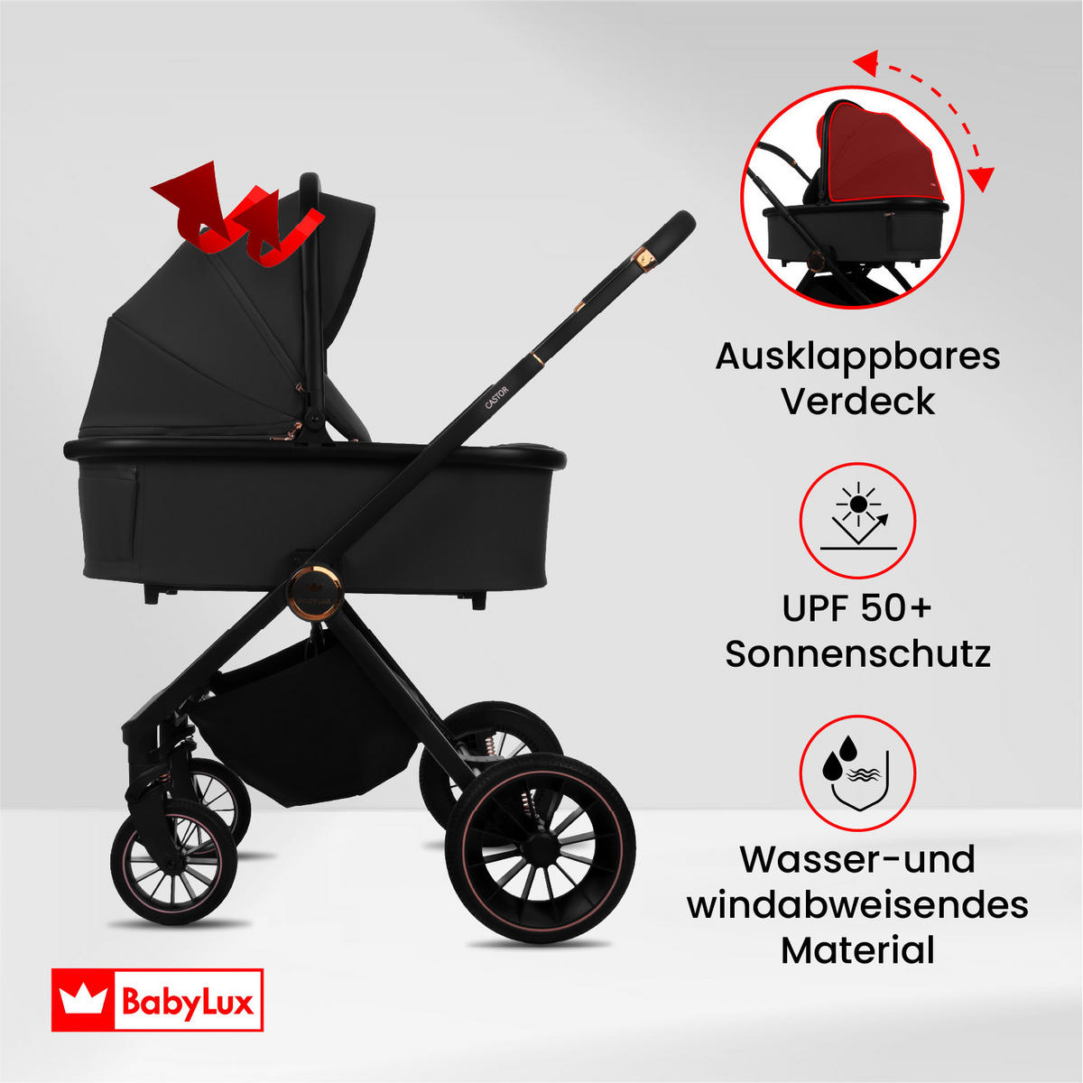 KINDERWAGEN Castor 4in1 Schwarz Babywanne, Reisebuggy, Autositz, Isofix Basis - Schwarz, Textil/Metall (58/98cm) - BabyLux