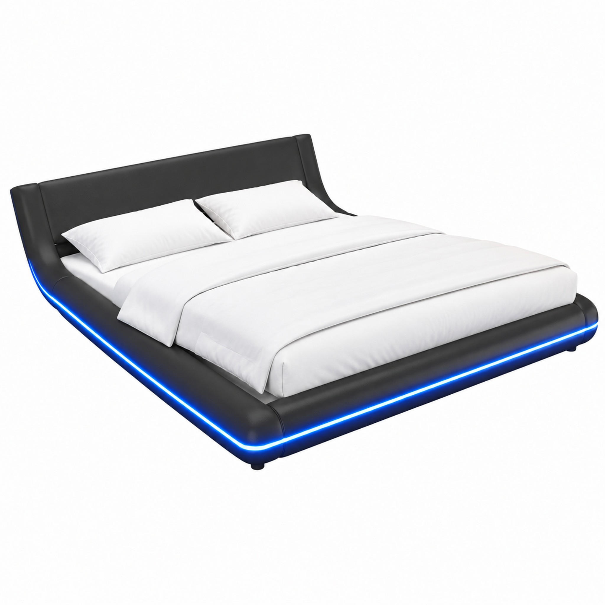BETT Bodenbett 160x200 cm PU Schwarz mit LED-Beleuchtung - Schwarz, Holz (160/200cm) - Meubliv