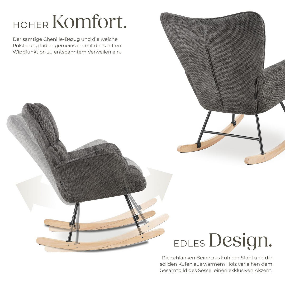 SCHAUKELSTUHL Torve, 68 x 96 x 97 cm, Belastbarkeit 120 kg, Chenille anthrazit - Anthrazit, Kunststoff (70/97/96cm) - tectake