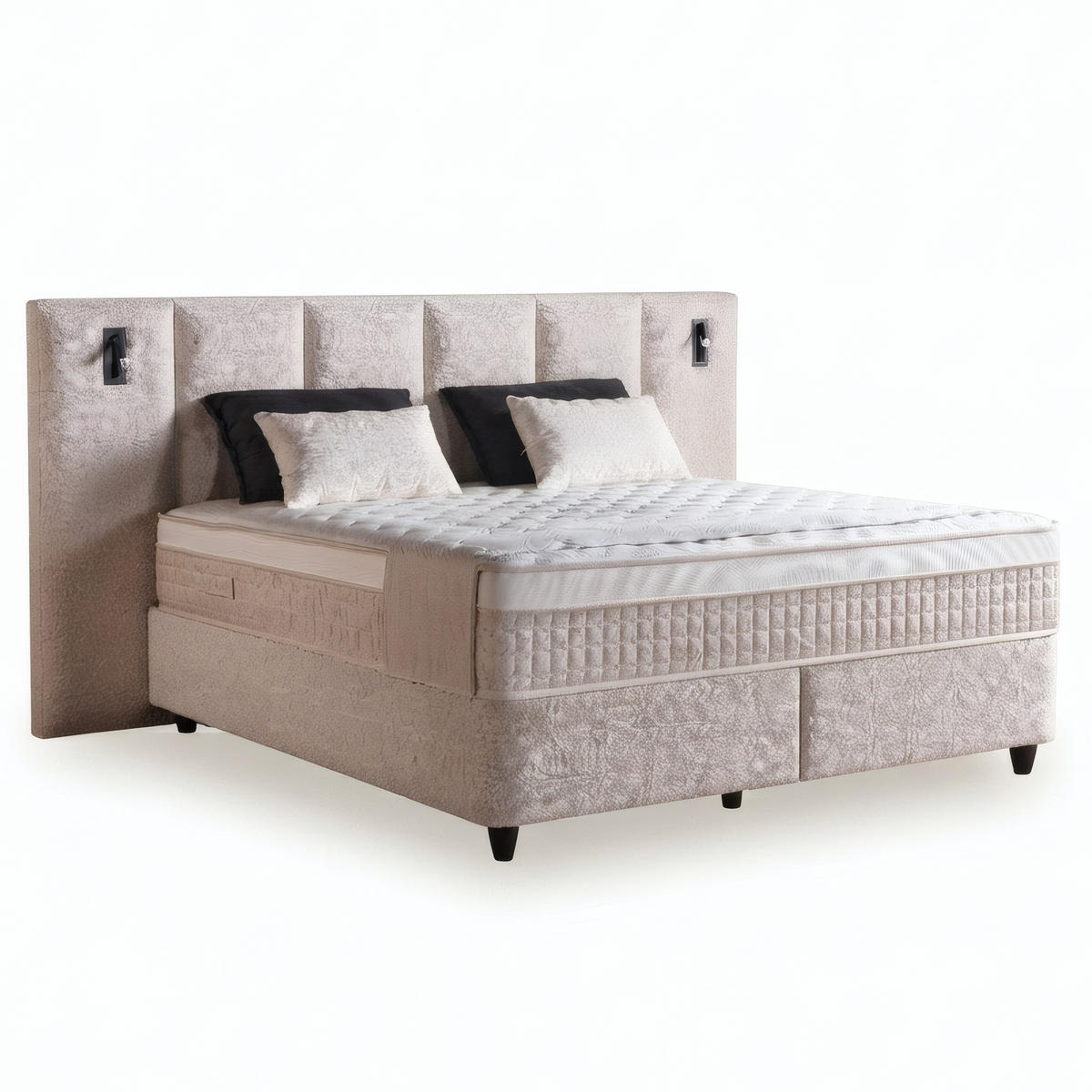 BOXSPRINGBETT MIT BETTKASTEN LUXOR 180/200 cm, Ivory, Bettkasten, Matratze, Topper integriert, H3 mittel 7-Zonen Matratze - Creme/Schwarz, Holz/Kunststoff (180/200cm) - Consilio Concept