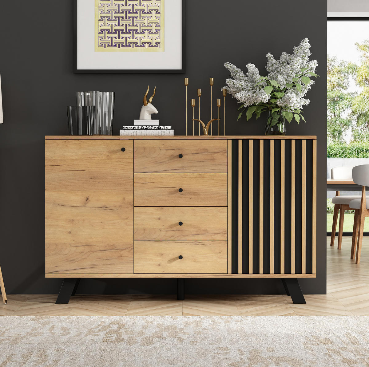 SIDEBOARD 120/38/75 cm z MDF, černá a přírodní, se 4 zásuvkami a 2 Sideboardmi - černá, kompozitní dřevo (120/75/38cm) - Modenvie