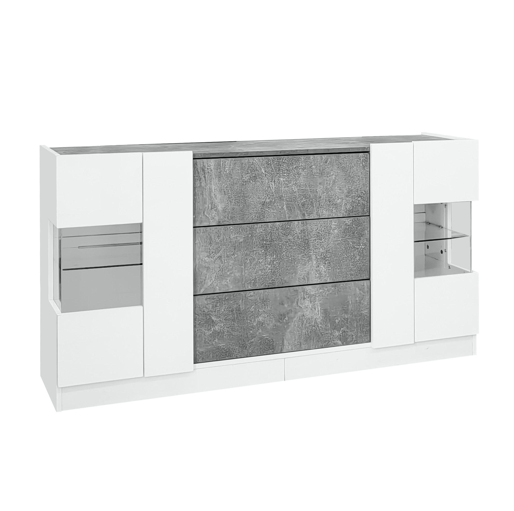 Modfu KOMODA z MDF, skla a dřevotřísky 140x35x75 cm bílá a šedý mramorový dekor s LED osvětlením, 2 dvířky a 3 zásuvkami