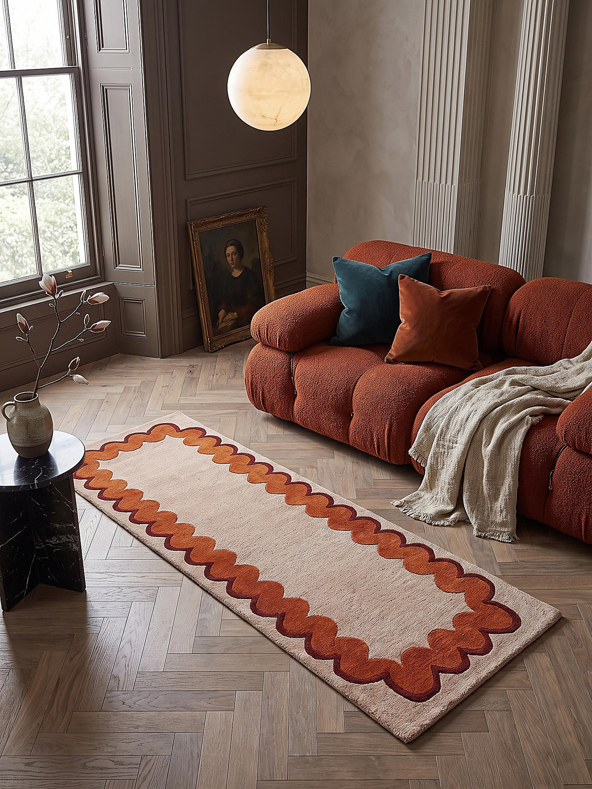 LÄUFER handgetuftet WAVENEY, in Orange, Zickzack-Wellenbordüre, 80 x 230 cm - Orange, Textil (80/230cm) - KADIMA DESIGN