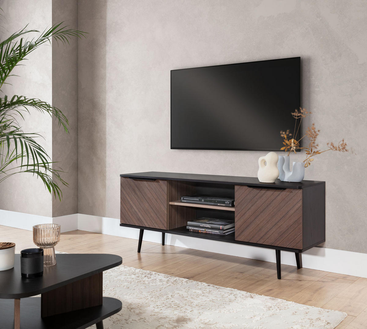 TV-LOWBOARD Pinelli 150 cm breite 2-türig - Schwarz/Braun, Holzwerkstoff/Metall (150/60/41cm) - Ravio