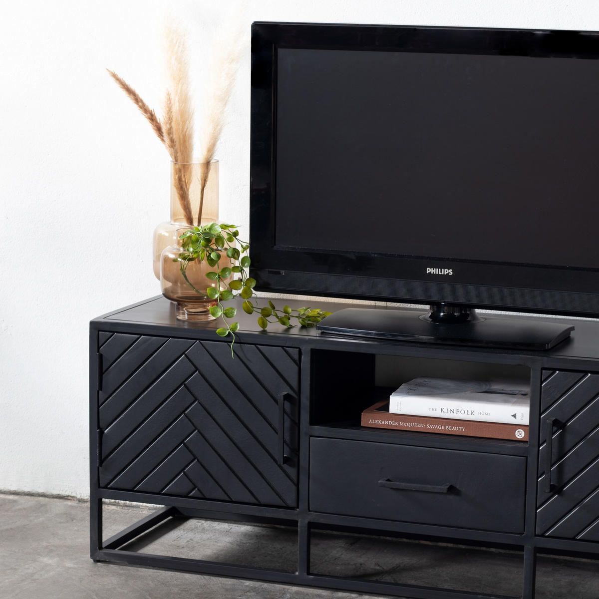 TV-SCHRANK Herringbone aus Mangoholz 140cm, schwarz - Schwarz, Holz (140/50/40cm) - Giga Meubel