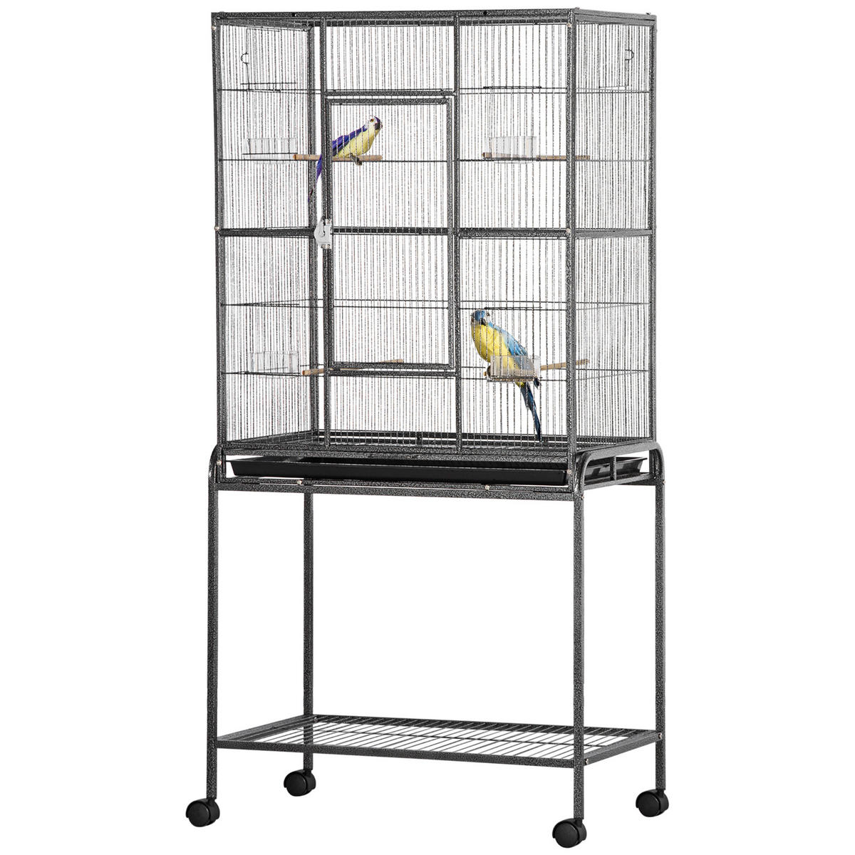 VOGELKÄFIG DE-17802 4 Sitzstangen & 4 Näpfe auf Rollen Schwarz/Grau - Grau, Metall (47/163/77cm) - ComfortXL