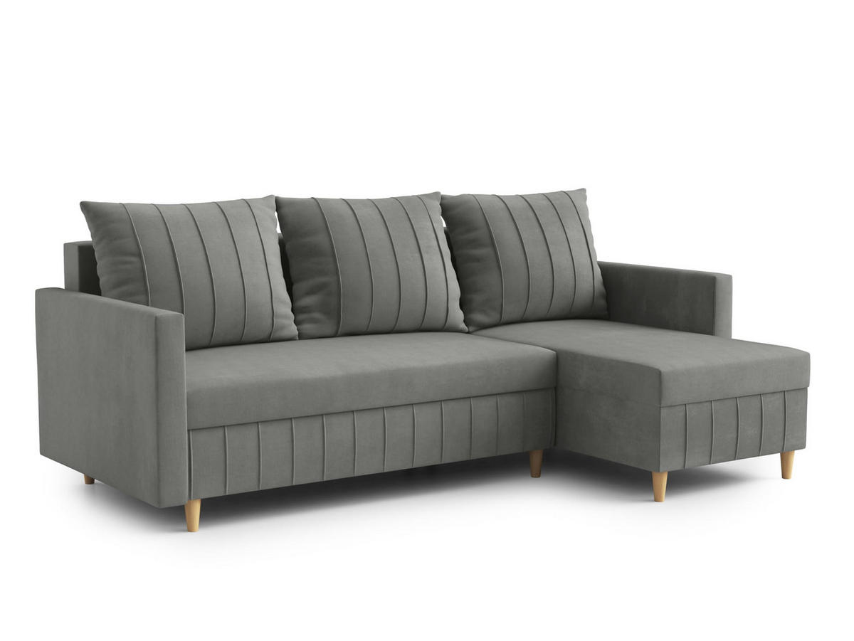 ECKSOFA FOX L-förmig Modernes Verstellbare Kopfstützen Luxuriöser Velours Schlaffunktion lose Rückenkissen freistehend RECHTS 224x146x98 cm Dark grey - Dunkelgrau, Holz/Textil (224/146cm) - DomoHome